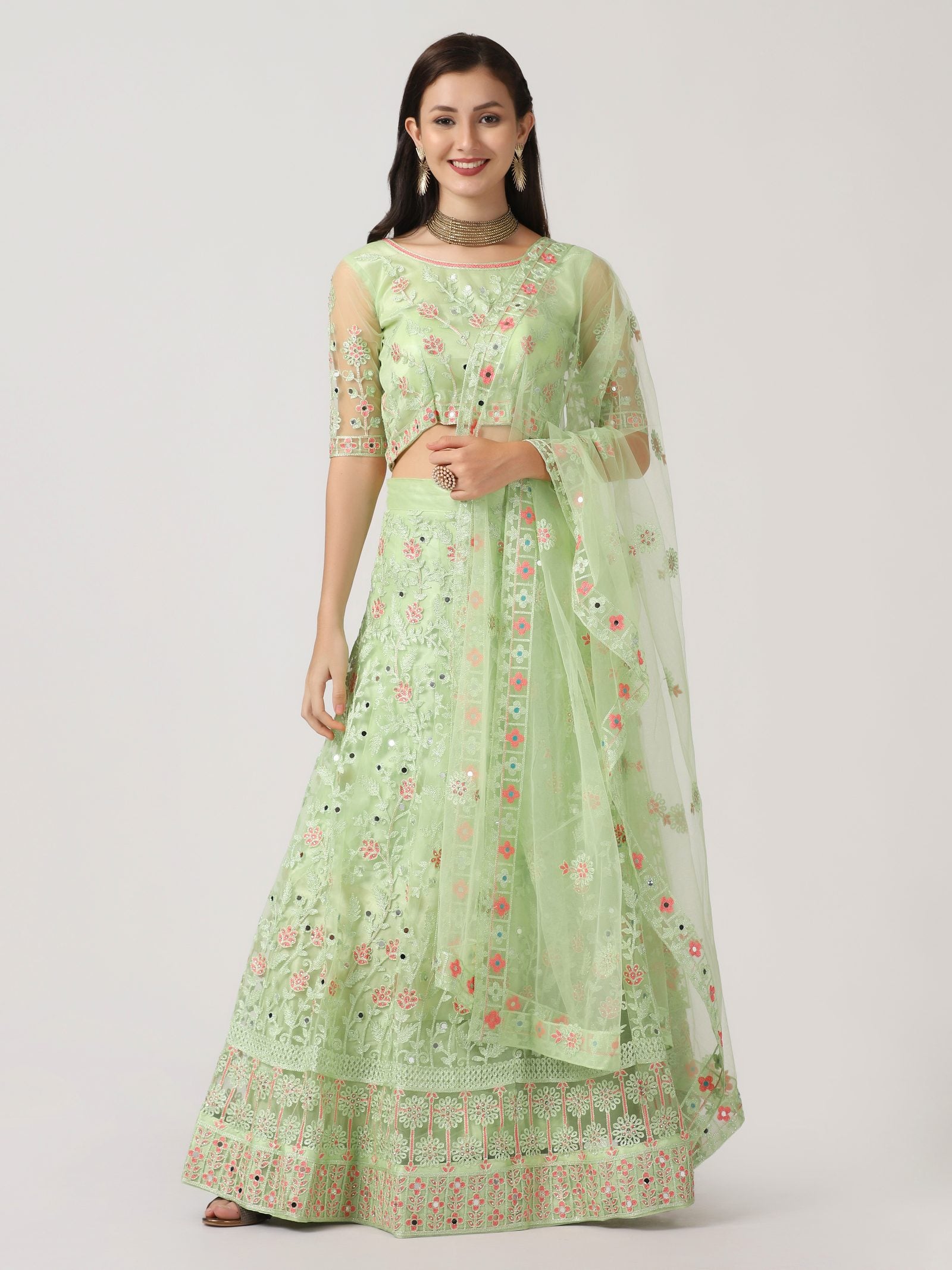 Elegant Mint Green Festive & Wedding Wear Semi-Stitched Net Lehenga Choli with Delicate Floral Butti Pattern Mirrer Thread Work