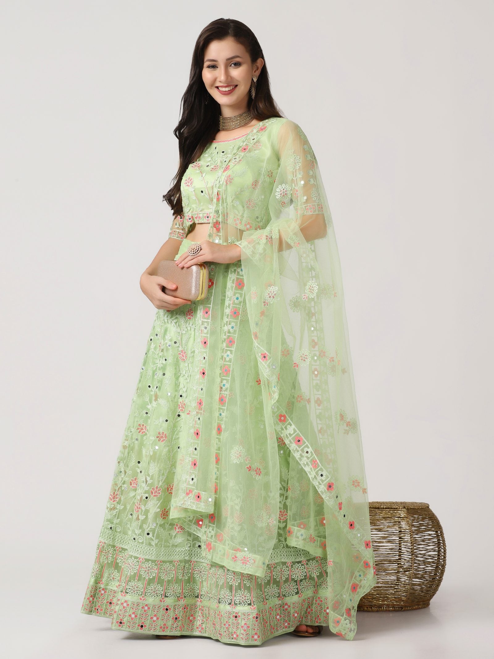 Elegant Mint Green Festive & Wedding Wear Semi-Stitched Net Lehenga Choli with Delicate Floral Butti Pattern Mirrer Thread Work