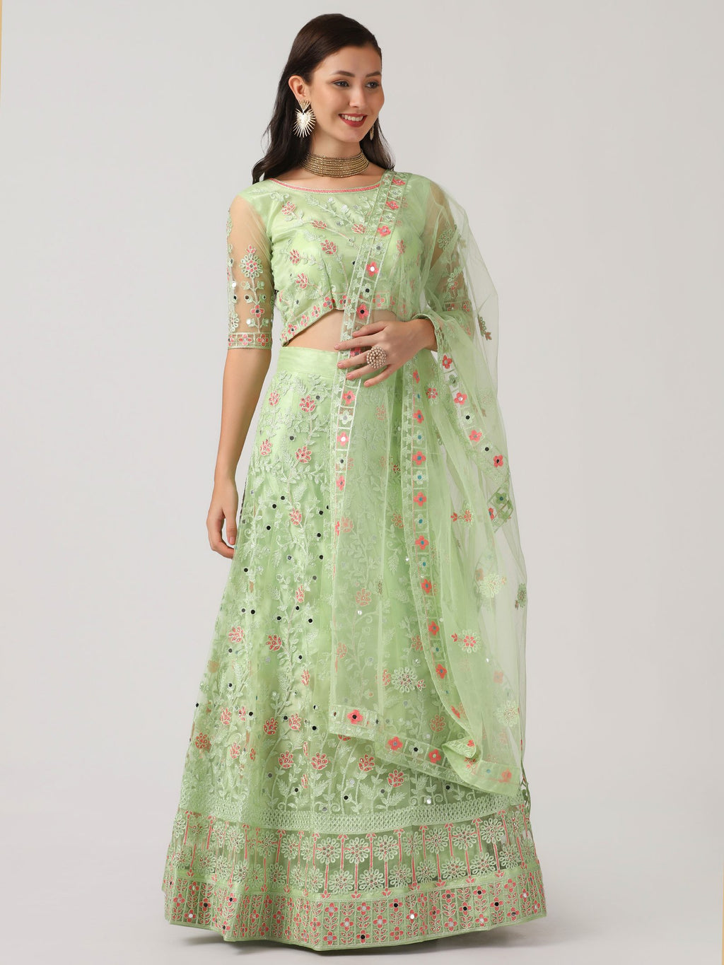Elegant Mint Green Festive & Wedding Wear Semi-Stitched Net Lehenga Choli with Delicate Floral Butti Pattern Mirrer Thread Work