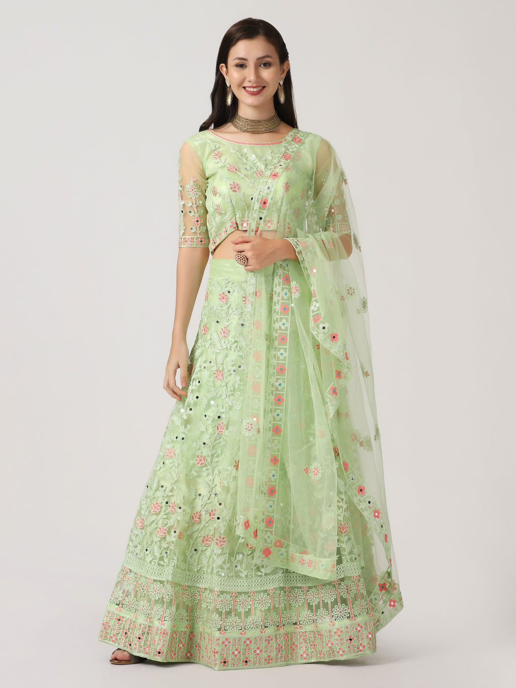 Elegant Mint Green Festive & Wedding Wear Semi-Stitched Net Lehenga Choli with Delicate Floral Butti Pattern Mirrer Thread Work