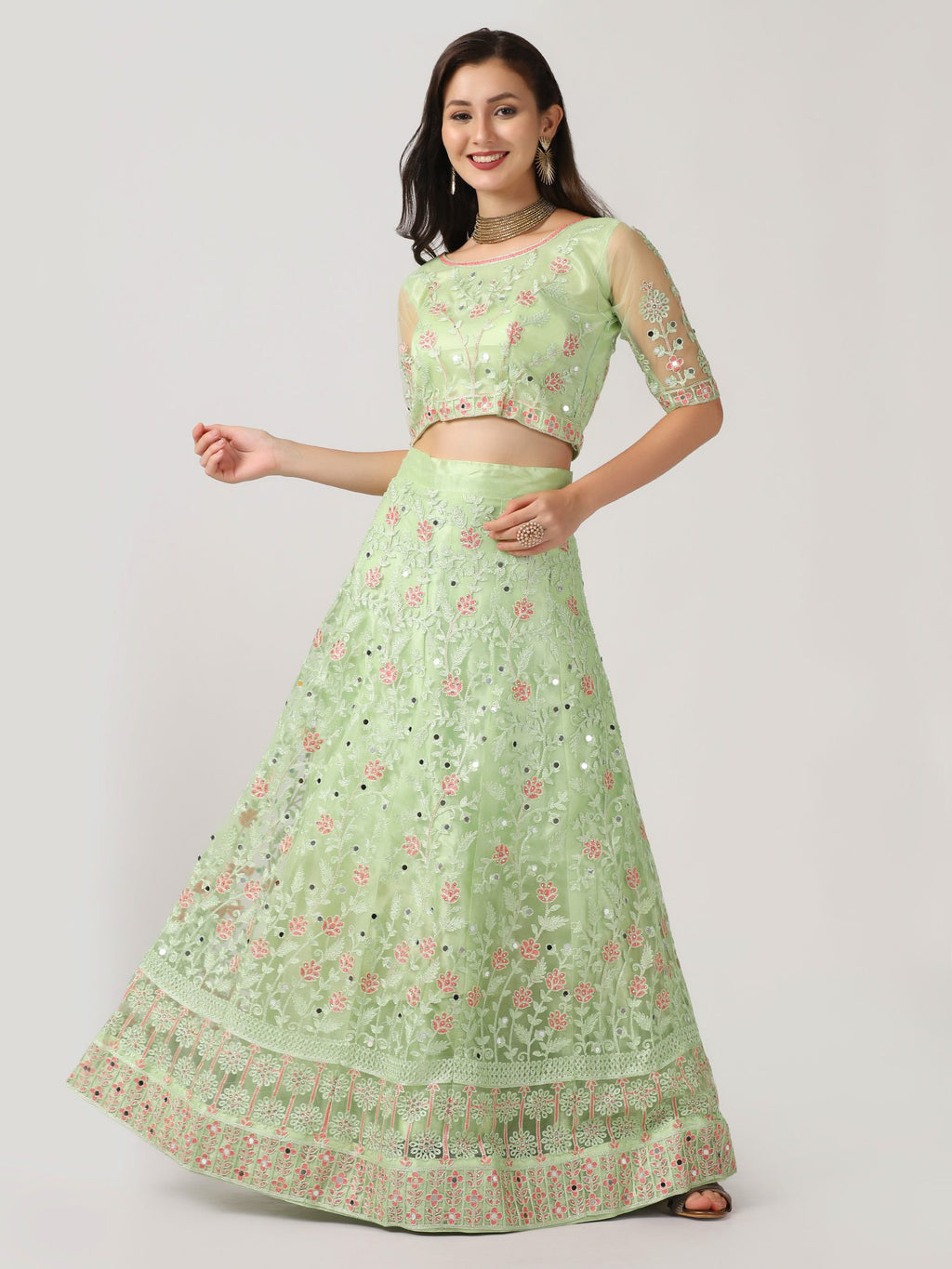 Elegant Mint Green Festive & Wedding Wear Semi-Stitched Net Lehenga Choli with Delicate Floral Butti Pattern Mirrer Thread Work