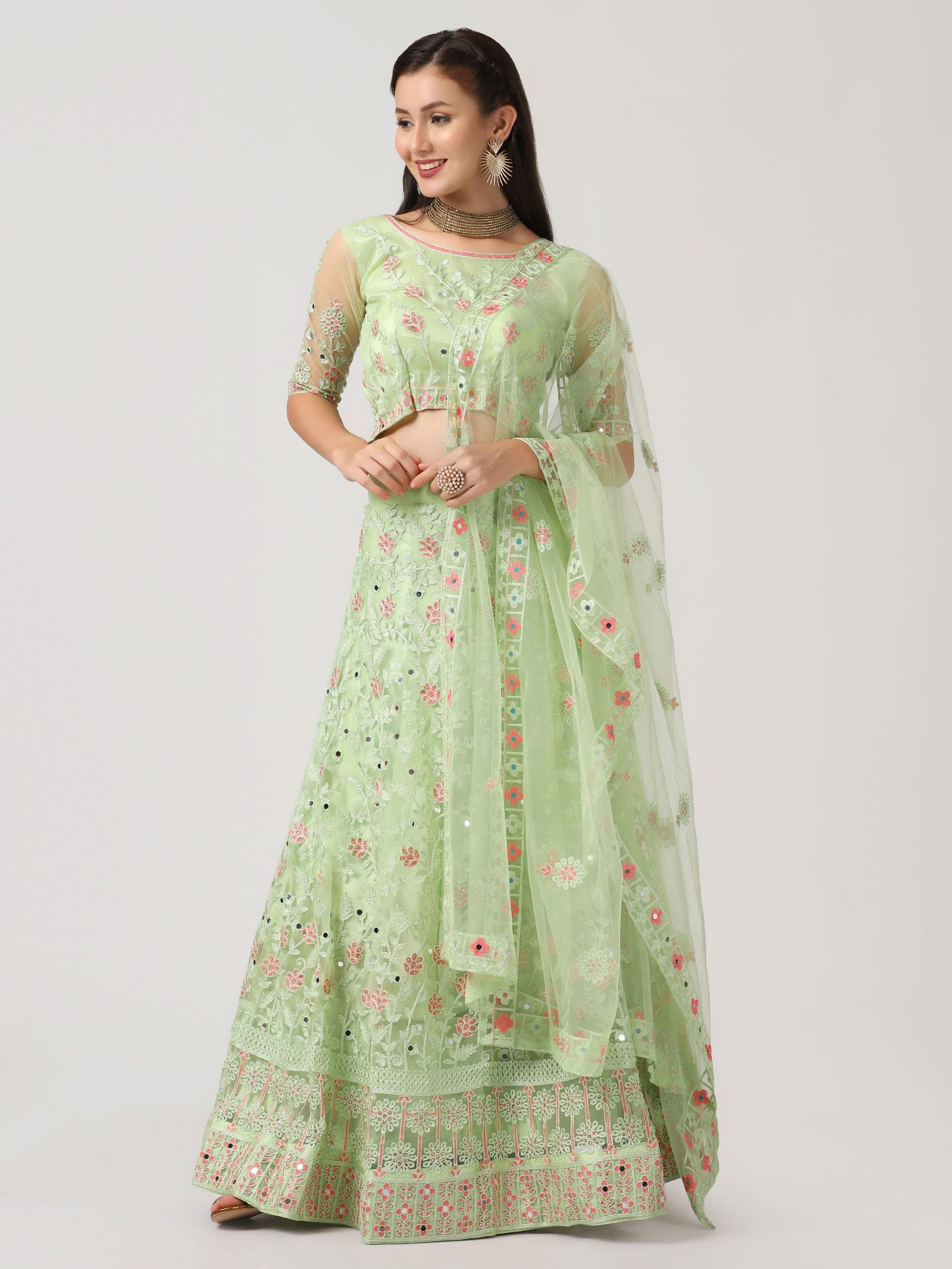 Elegant Mint Green Festive & Wedding Wear Semi-Stitched Net Lehenga Choli with Delicate Floral Butti Pattern Mirrer Thread Work