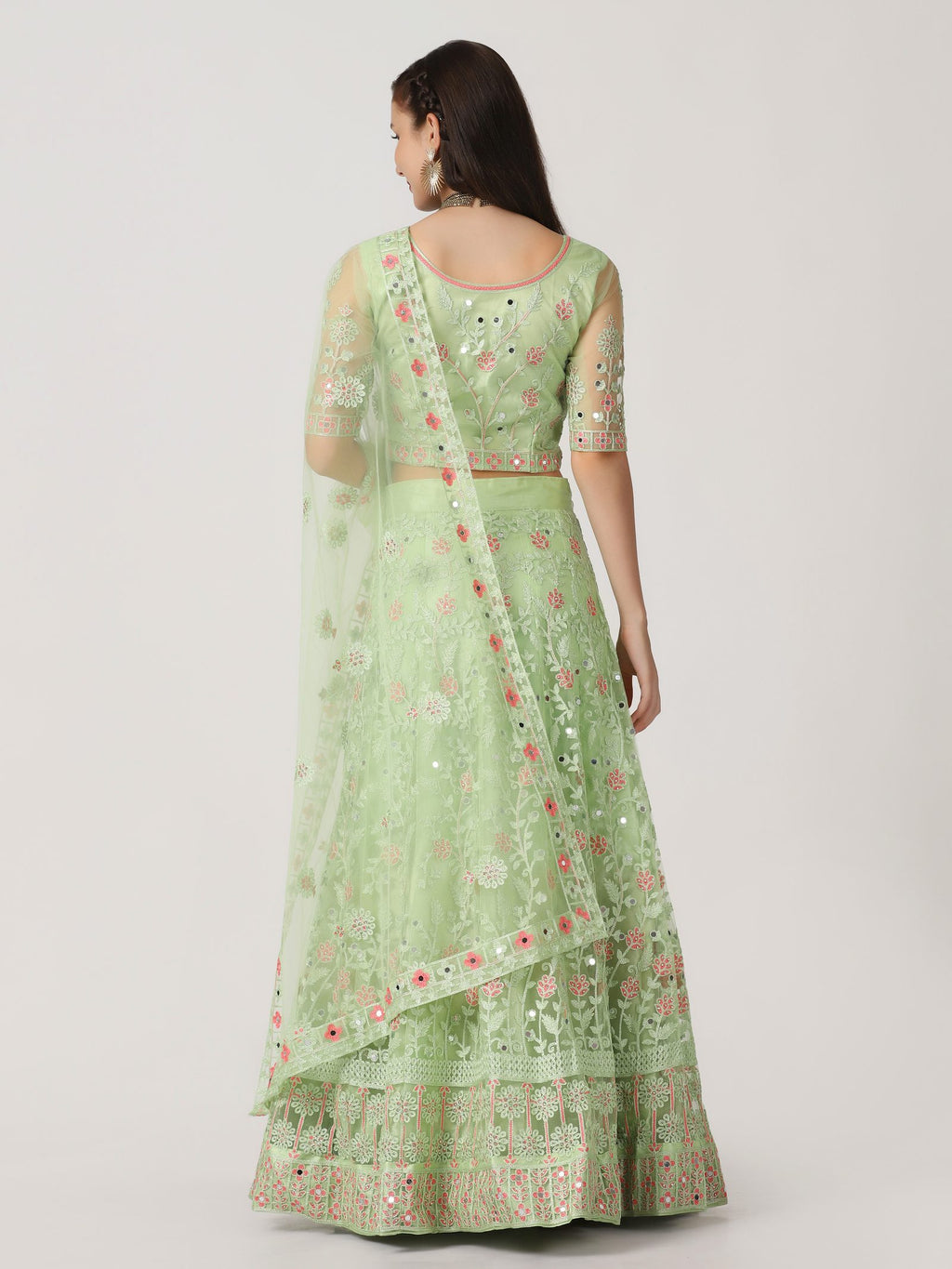 Elegant Mint Green Festive & Wedding Wear Semi-Stitched Net Lehenga Choli with Delicate Floral Butti Pattern Mirrer Thread Work