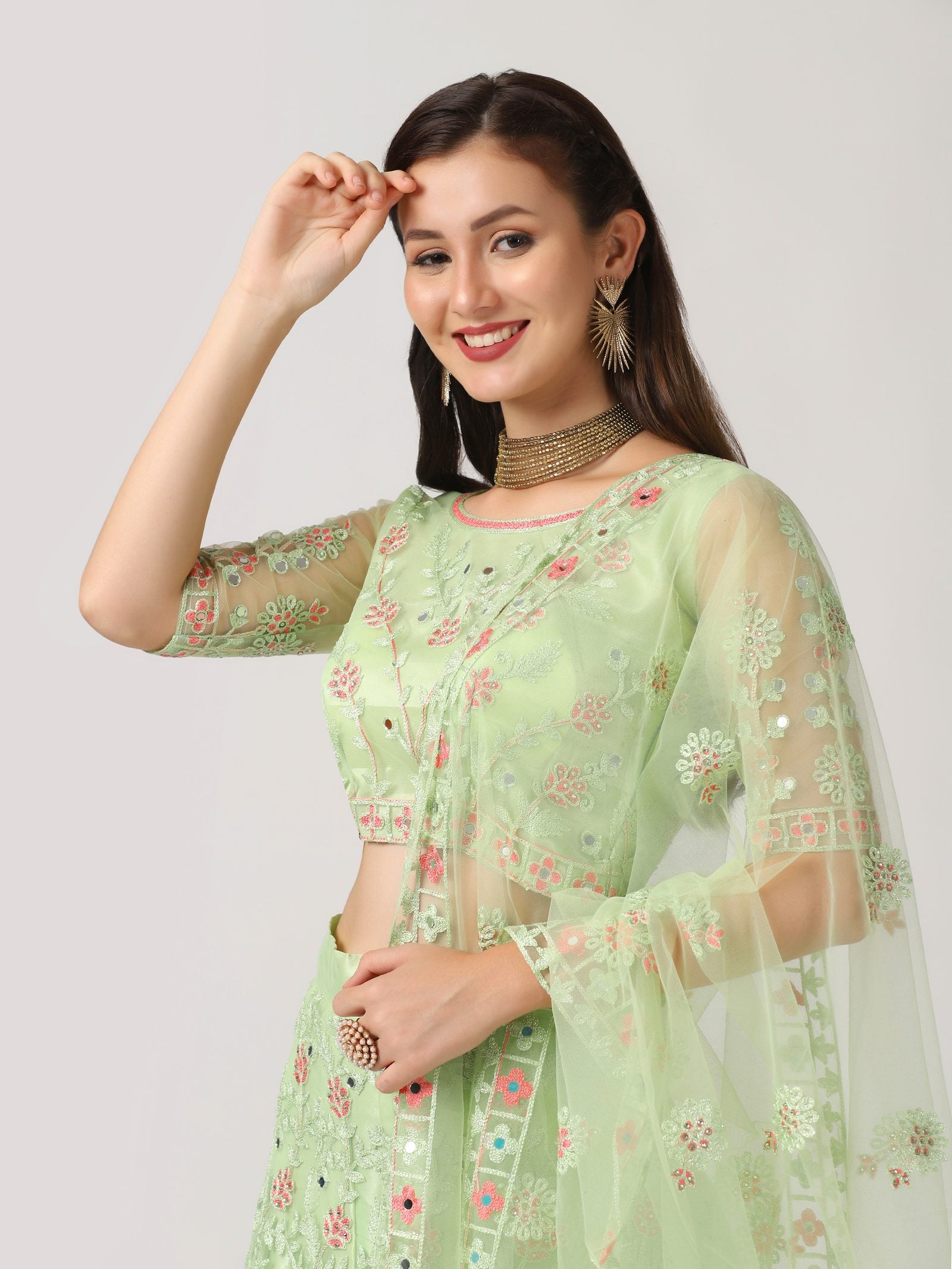 Elegant Mint Green Festive & Wedding Wear Semi-Stitched Net Lehenga Choli with Delicate Floral Butti Pattern Mirrer Thread Work