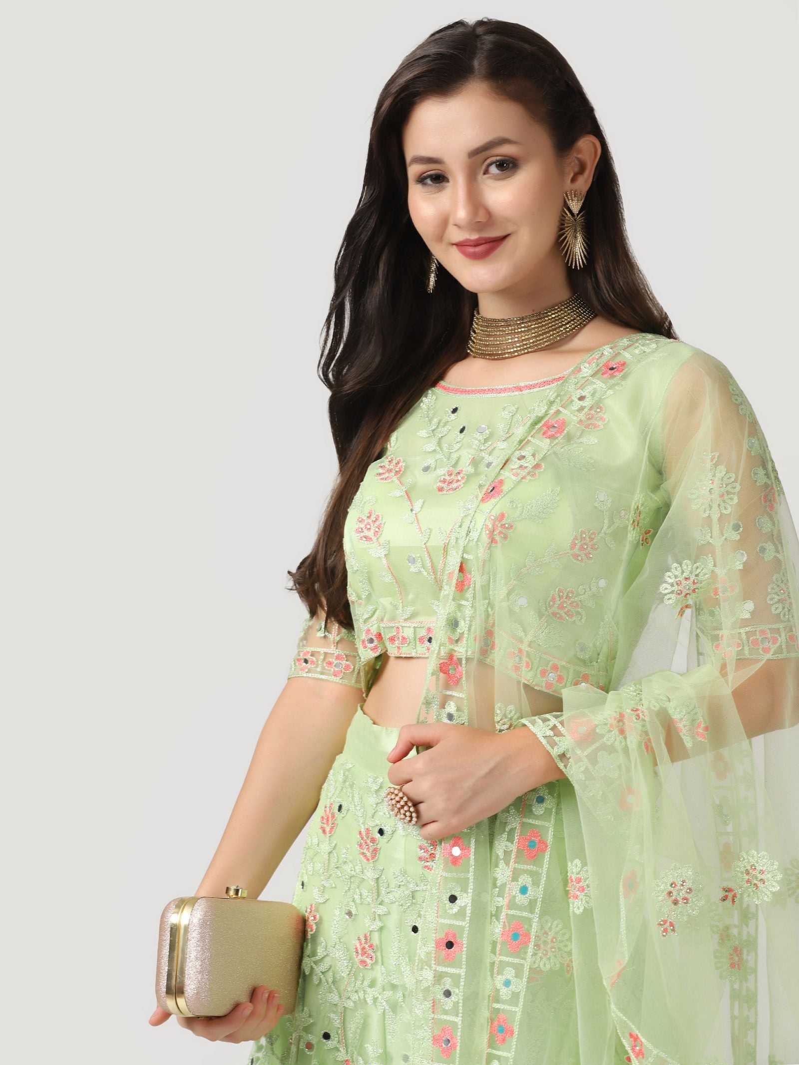 Elegant Mint Green Festive & Wedding Wear Semi-Stitched Net Lehenga Choli with Delicate Floral Butti Pattern Mirrer Thread Work