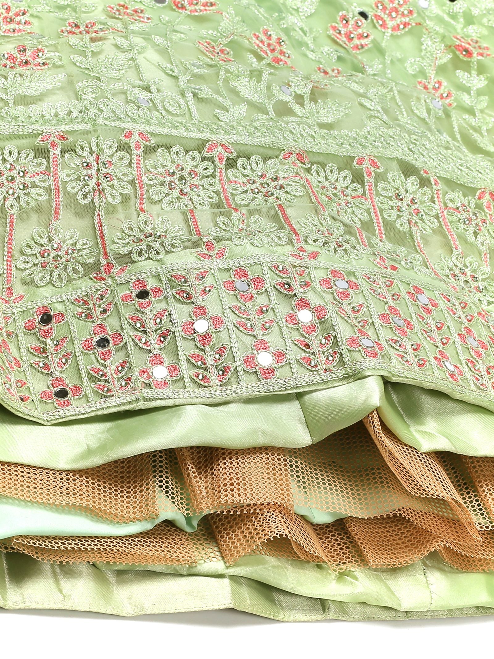 Elegant Mint Green Festive & Wedding Wear Semi-Stitched Net Lehenga Choli with Delicate Floral Butti Pattern Mirrer Thread Work