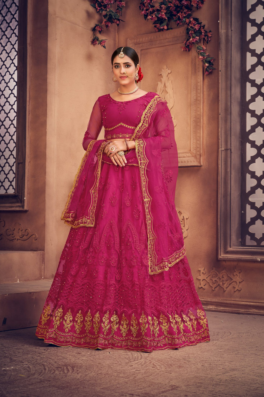 Embroidered Pink Bridal & Wedding Wear Semi-Stitched Net Lehenga Choli with Heavy Dupatta Work