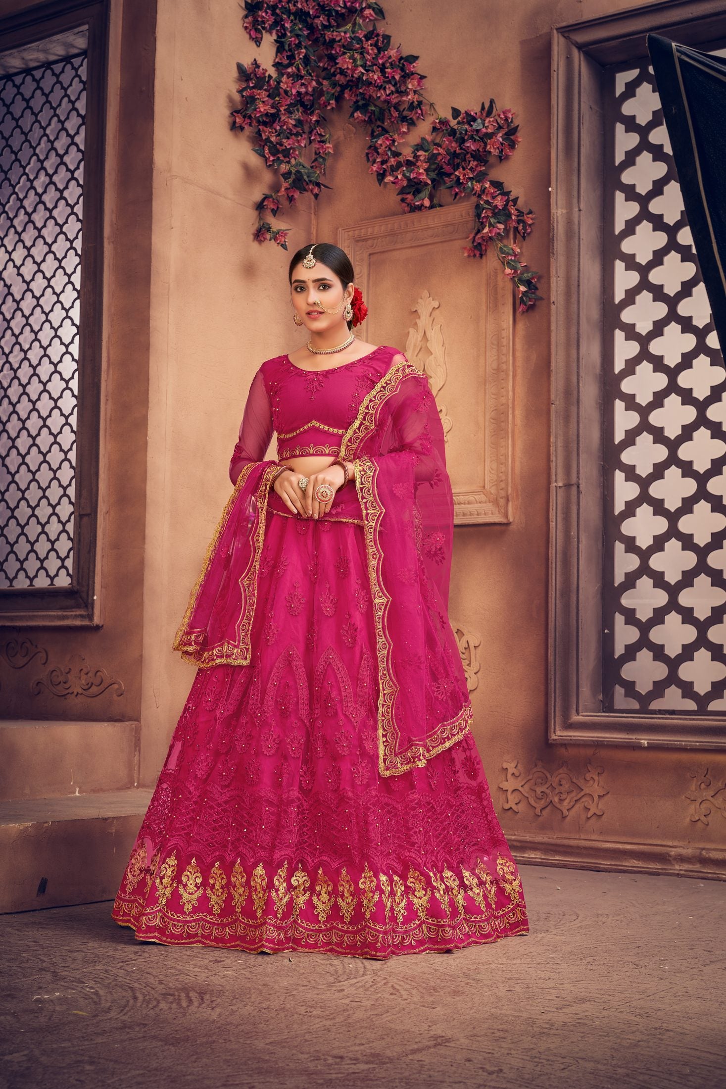 Embroidered Pink Bridal & Wedding Wear Semi-Stitched Net Lehenga Choli with Heavy Dupatta Work