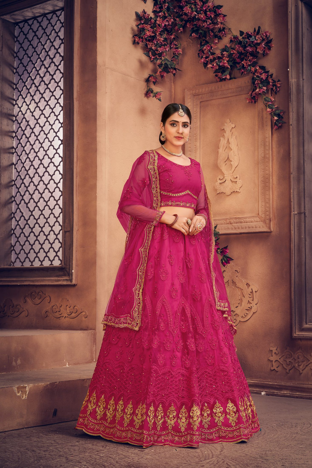 Embroidered Pink Bridal & Wedding Wear Semi-Stitched Net Lehenga Choli with Heavy Dupatta Work