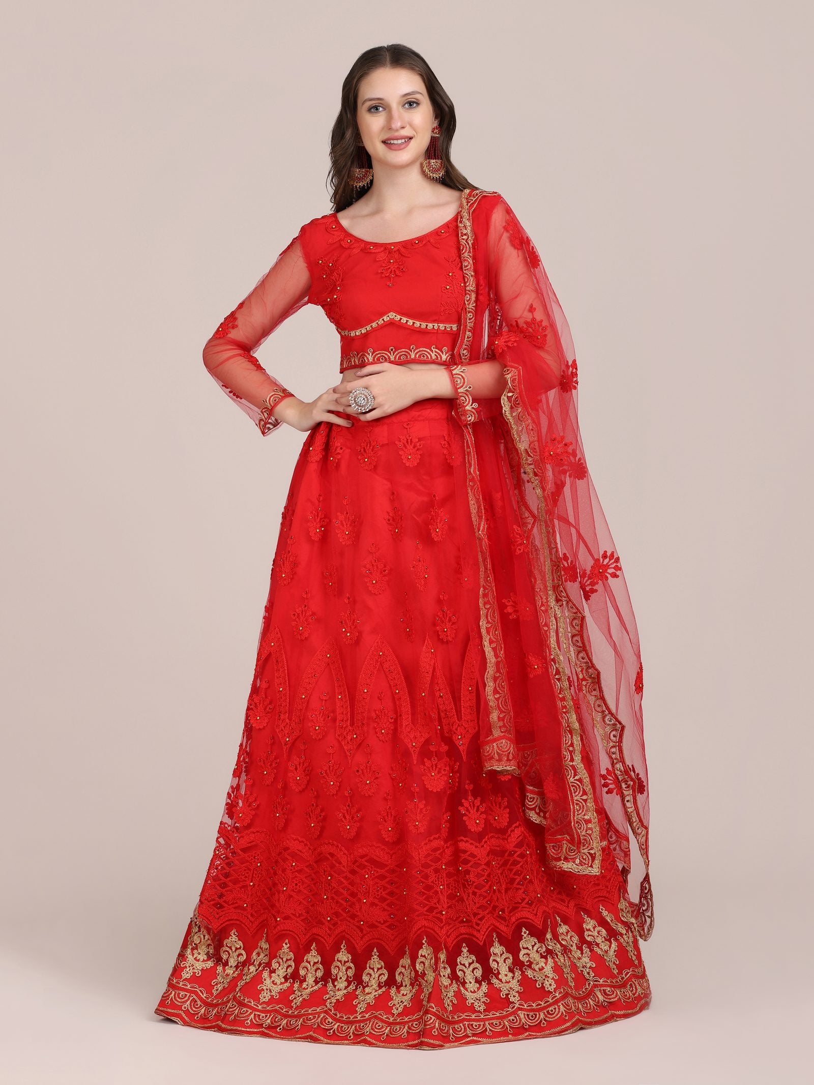 Embroidered Bridal & Wedding Wear Semi-Stitched Red Net Lehenga Choli with Heavy Dupatta Work