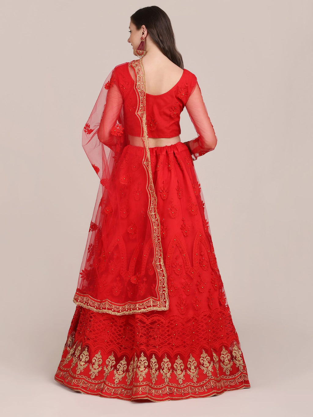 Embroidered Bridal & Wedding Wear Semi-Stitched Red Net Lehenga Choli with Heavy Dupatta Work