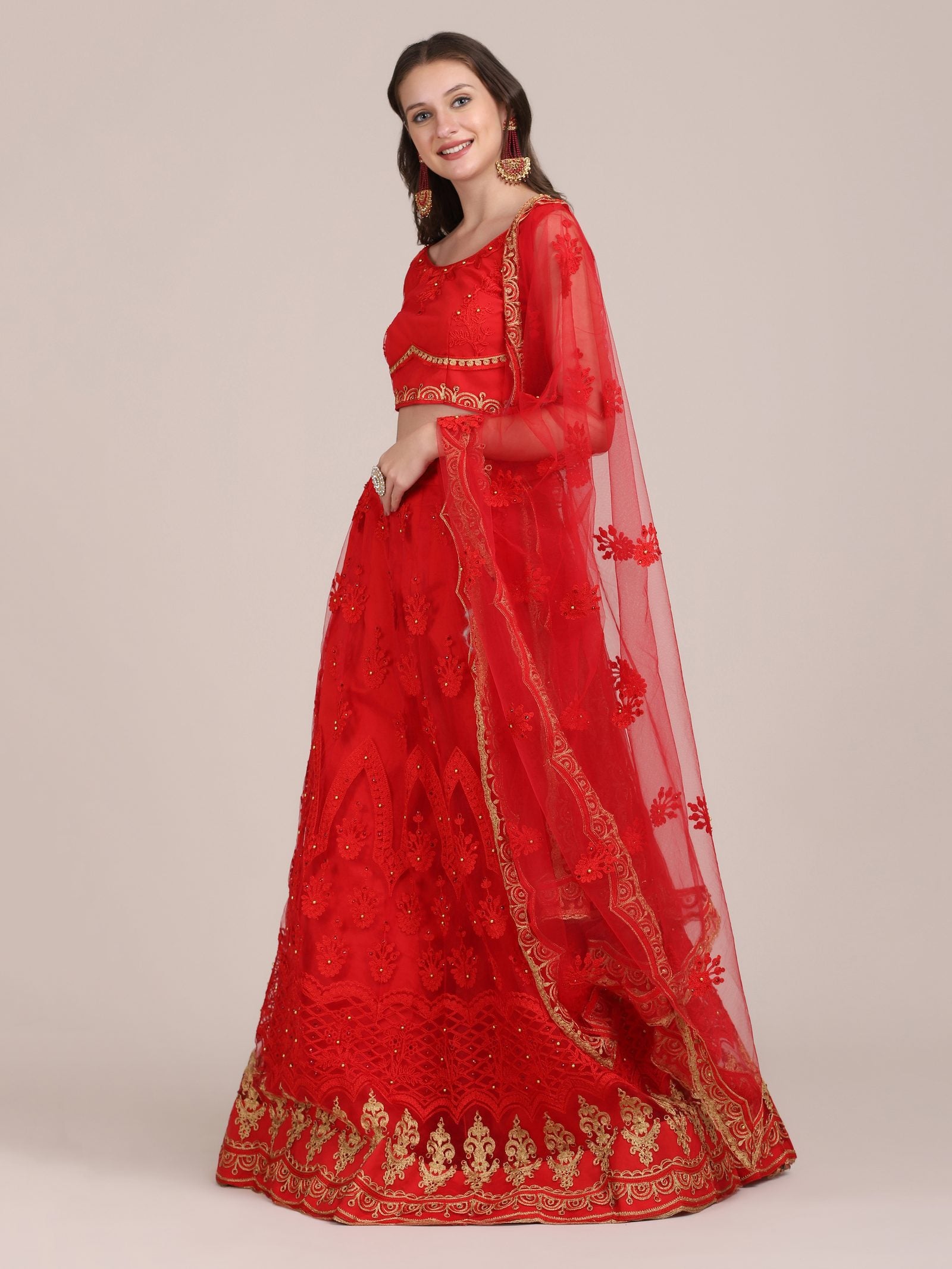 Embroidered Bridal & Wedding Wear Semi-Stitched Red Net Lehenga Choli with Heavy Dupatta Work