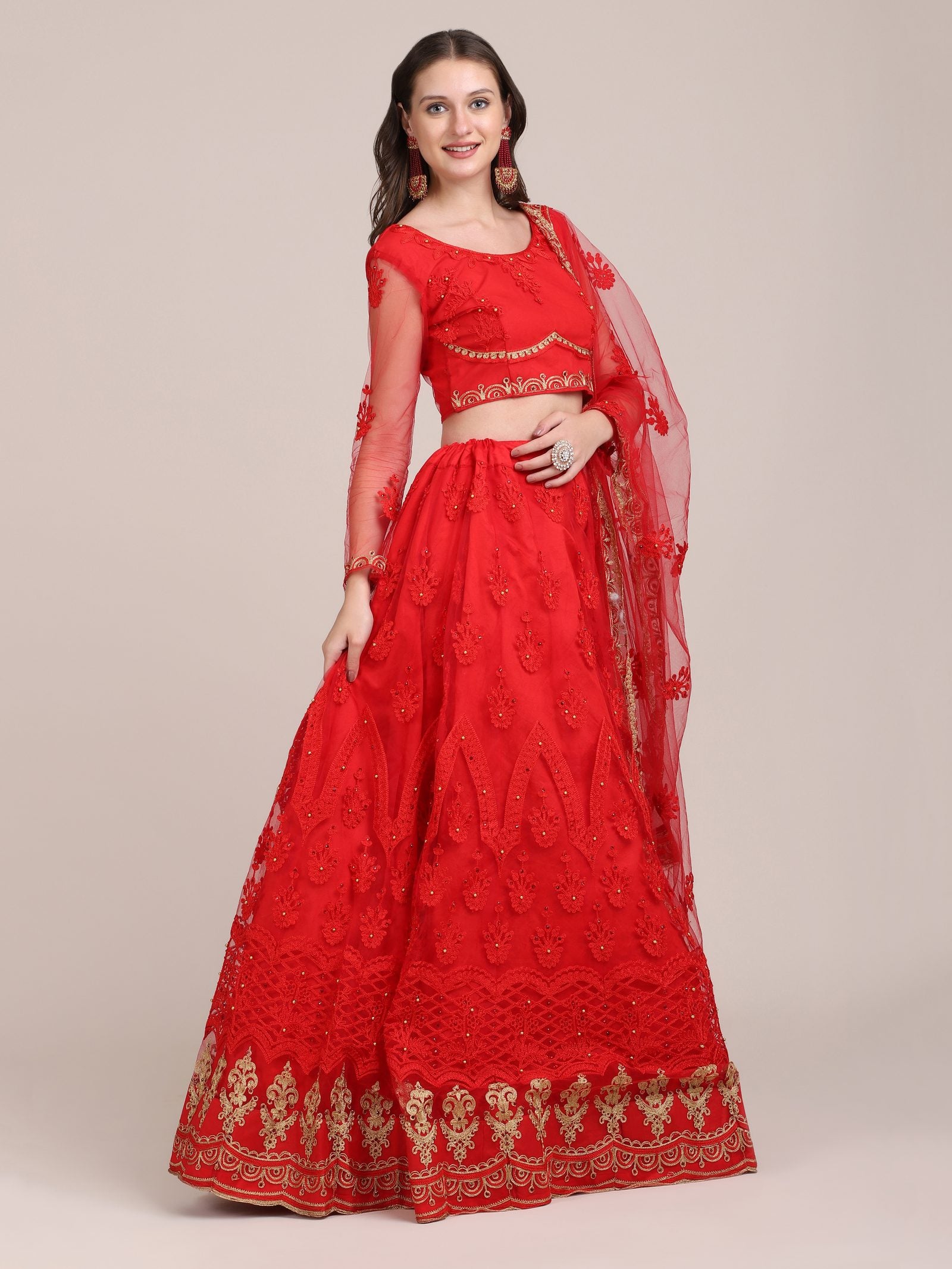 Embroidered Bridal & Wedding Wear Semi-Stitched Red Net Lehenga Choli with Heavy Dupatta Work