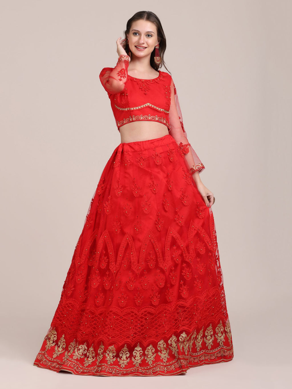 Embroidered Bridal & Wedding Wear Semi-Stitched Red Net Lehenga Choli with Heavy Dupatta Work