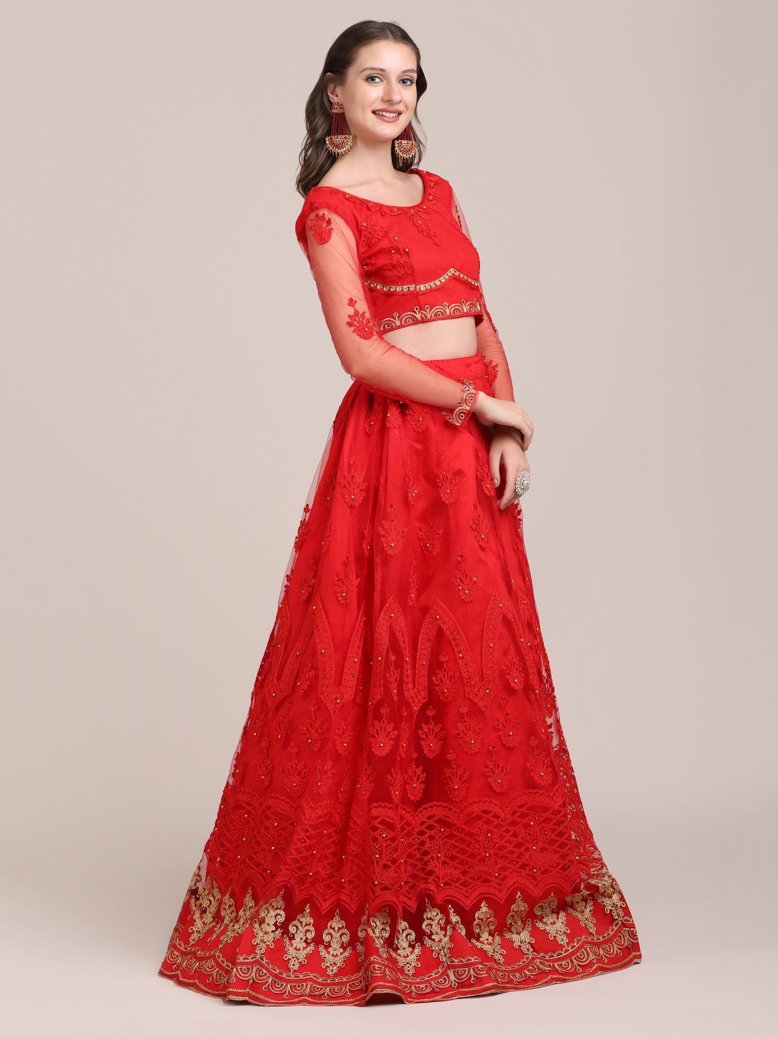 Embroidered Bridal & Wedding Wear Semi-Stitched Red Net Lehenga Choli with Heavy Dupatta Work