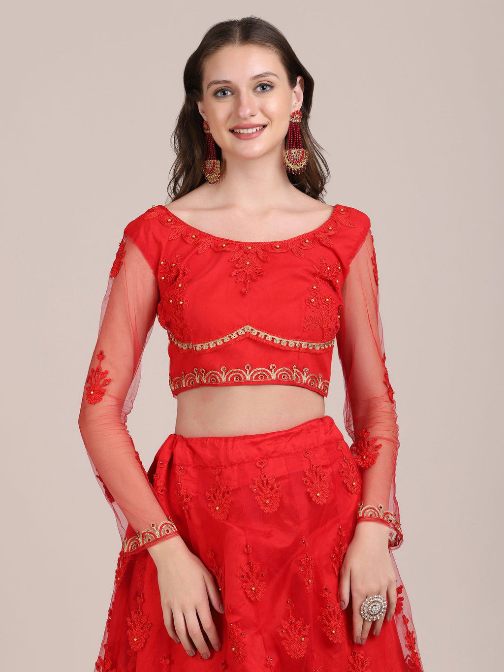 Embroidered Bridal & Wedding Wear Semi-Stitched Red Net Lehenga Choli with Heavy Dupatta Work