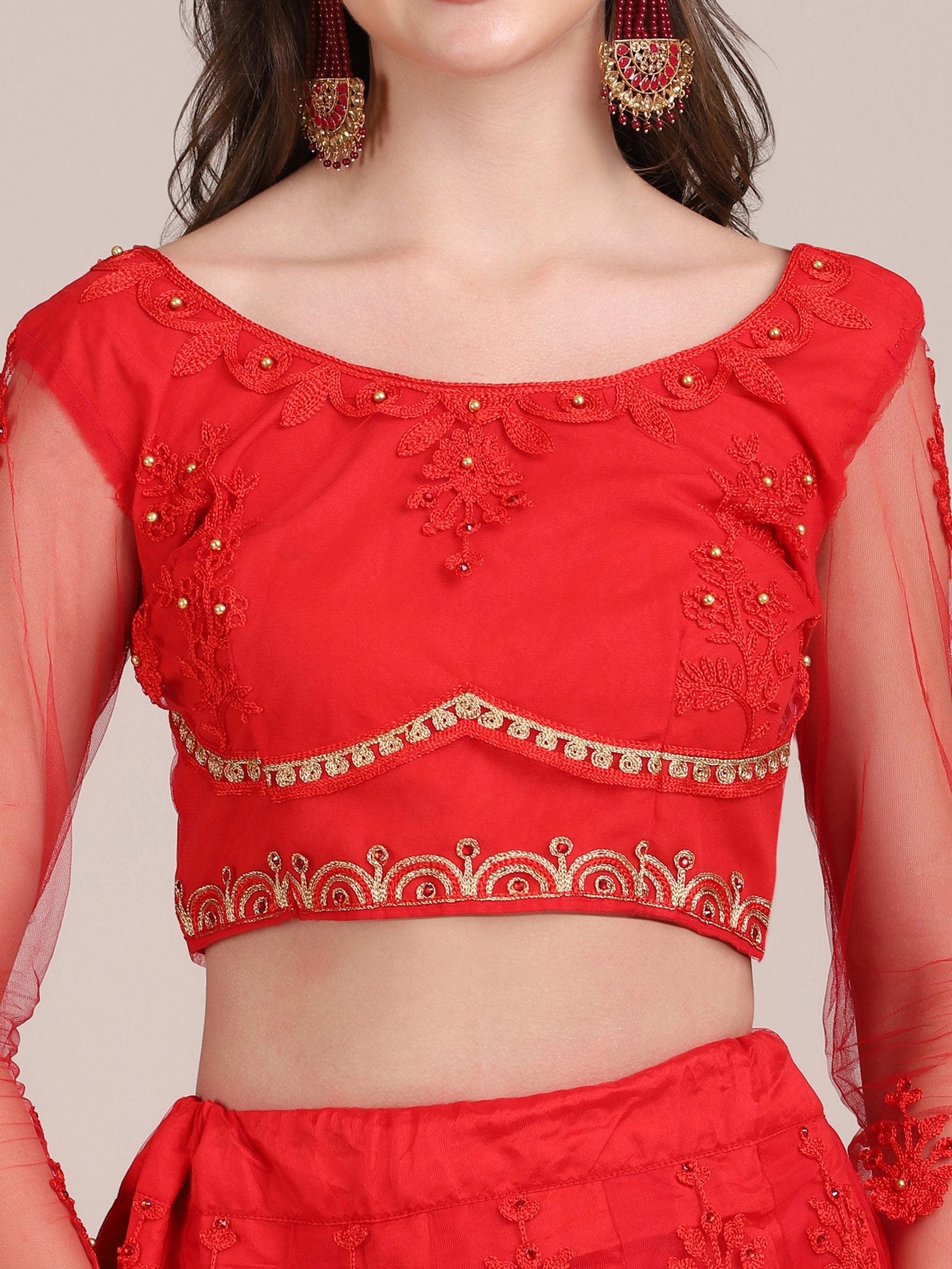Embroidered Bridal & Wedding Wear Semi-Stitched Red Net Lehenga Choli with Heavy Dupatta Work