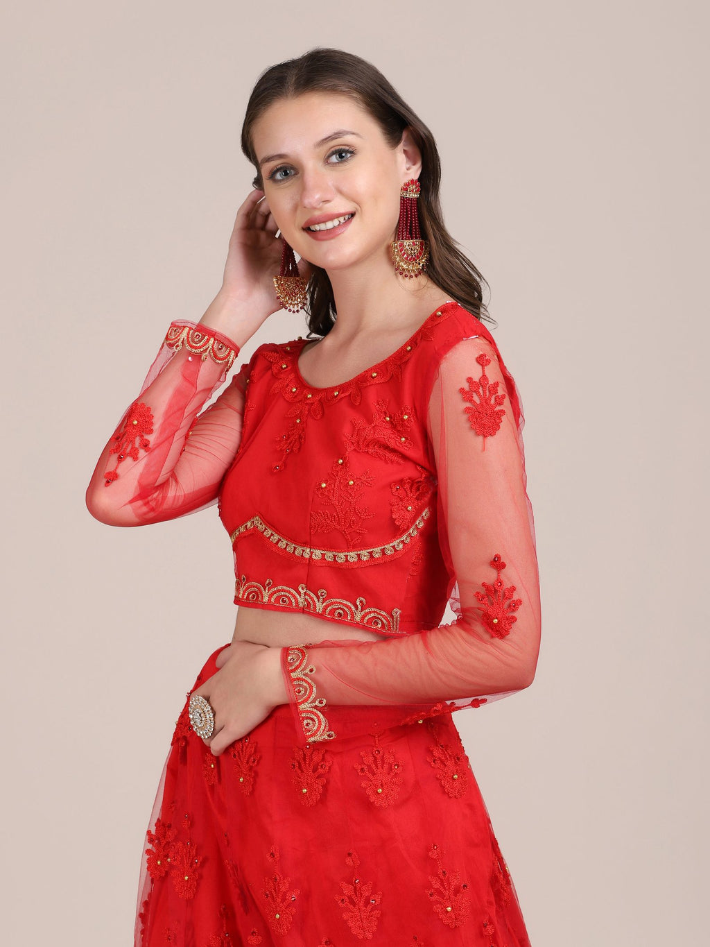 Embroidered Bridal & Wedding Wear Semi-Stitched Red Net Lehenga Choli with Heavy Dupatta Work