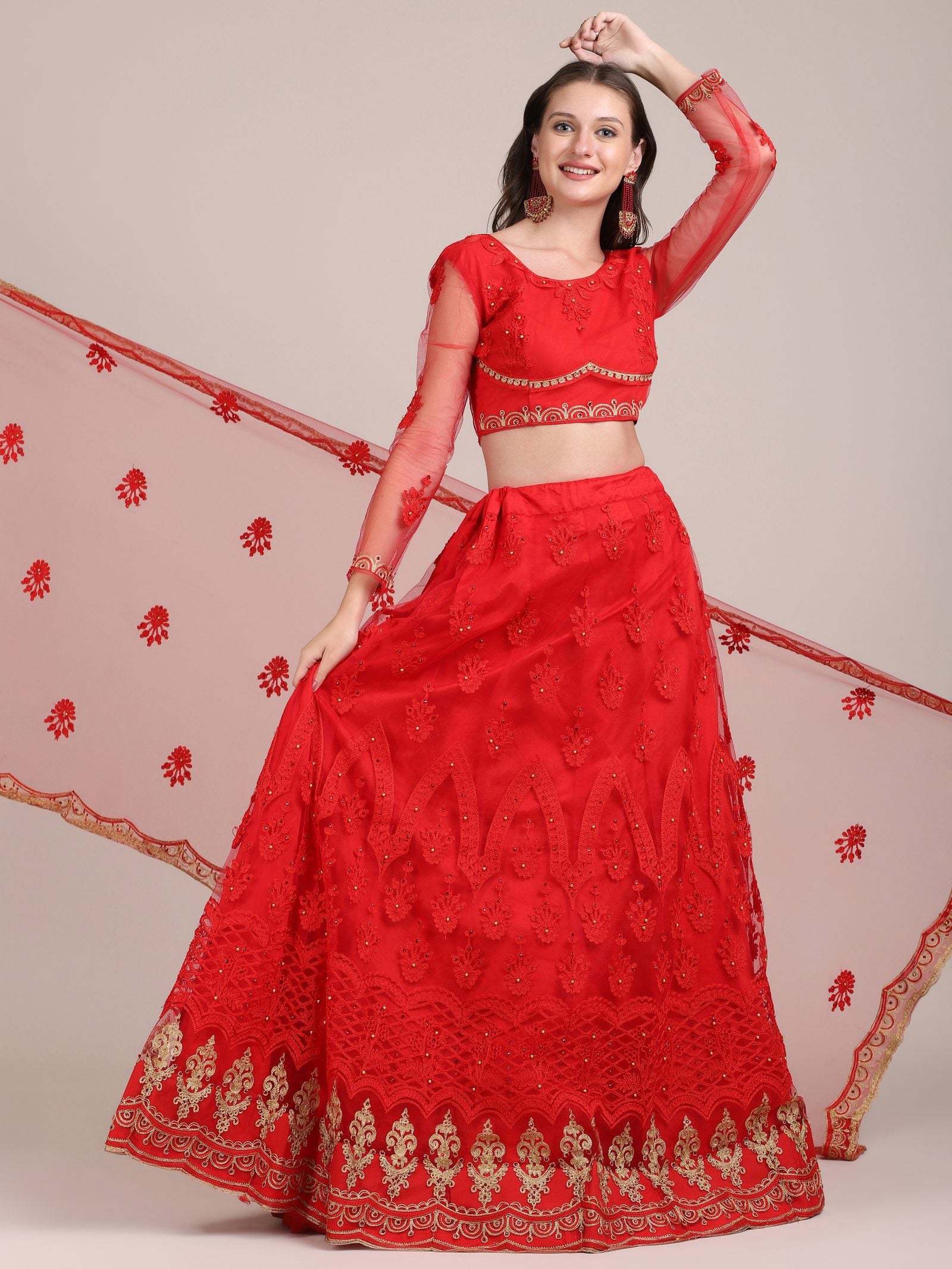 Embroidered Bridal & Wedding Wear Semi-Stitched Red Net Lehenga Choli with Heavy Dupatta Work