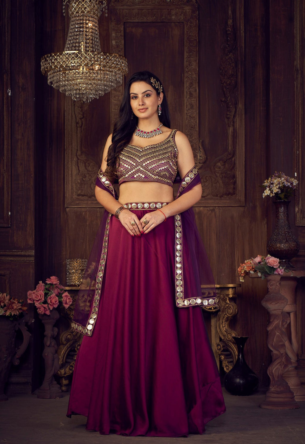Royal Wine & Plum Purple Wedding Wear Semi-Stitched Rangoli Silk Lehenga Choli with Designer Mirror Border Net Dupatta