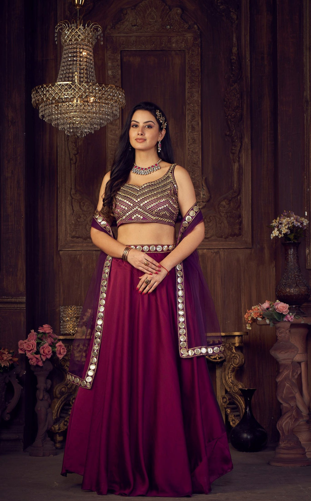 Royal Wine & Plum Purple Wedding Wear Semi-Stitched Rangoli Silk Lehenga Choli with Designer Mirror Border Net Dupatta