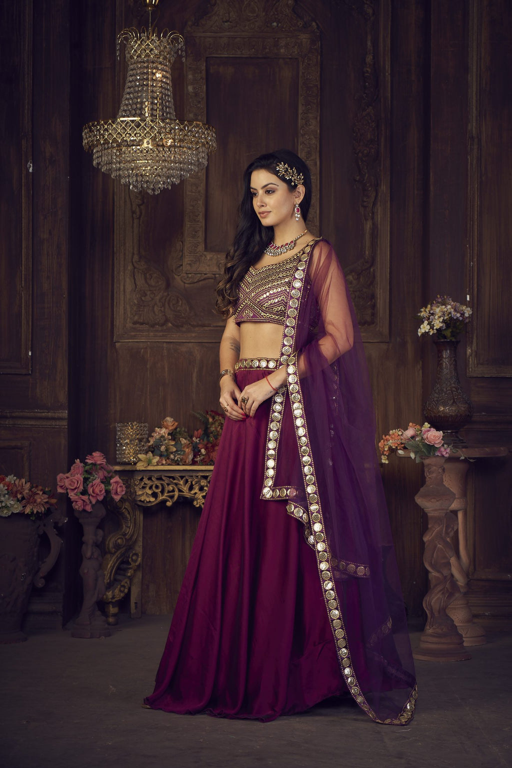 Royal Wine & Plum Purple Wedding Wear Semi-Stitched Rangoli Silk Lehenga Choli with Designer Mirror Border Net Dupatta