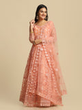 Elegant Peach Pink Festive & Wedding Wear Semi-Stitched Net Lehenga Choli with Floral Embroidery Pattern