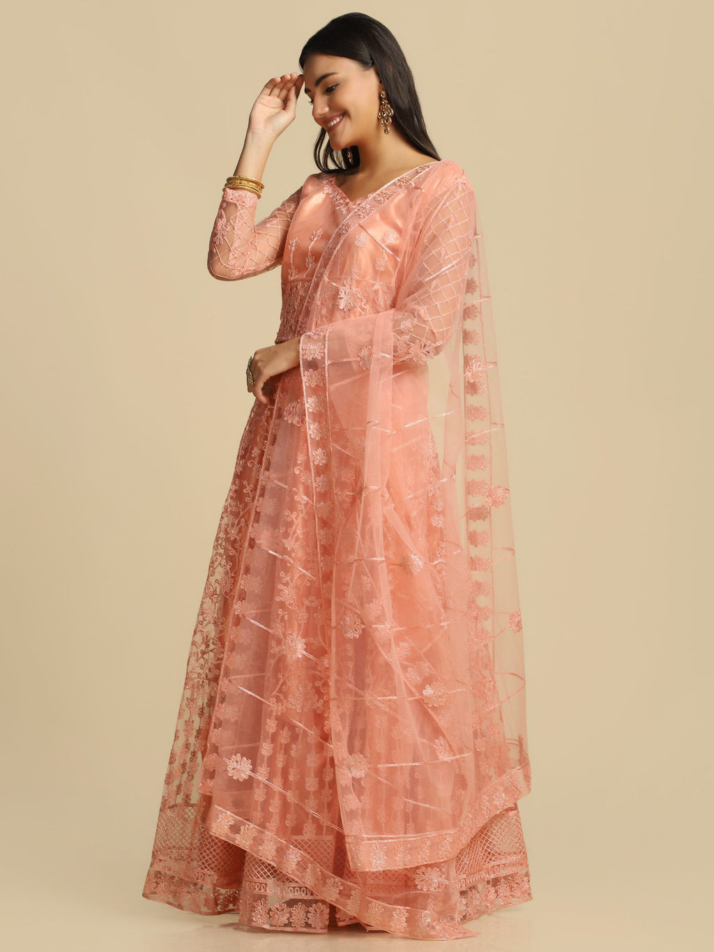 Elegant Peach Pink Festive & Wedding Wear Semi-Stitched Net Lehenga Choli with Floral Embroidery Pattern