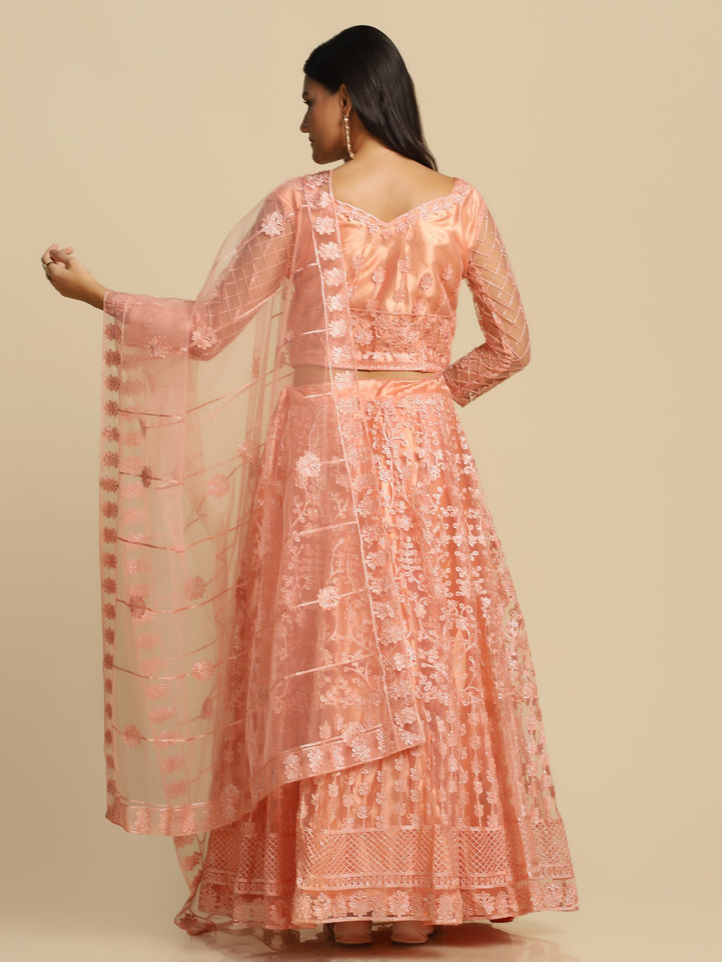 Elegant Peach Pink Festive & Wedding Wear Semi-Stitched Net Lehenga Choli with Floral Embroidery Pattern