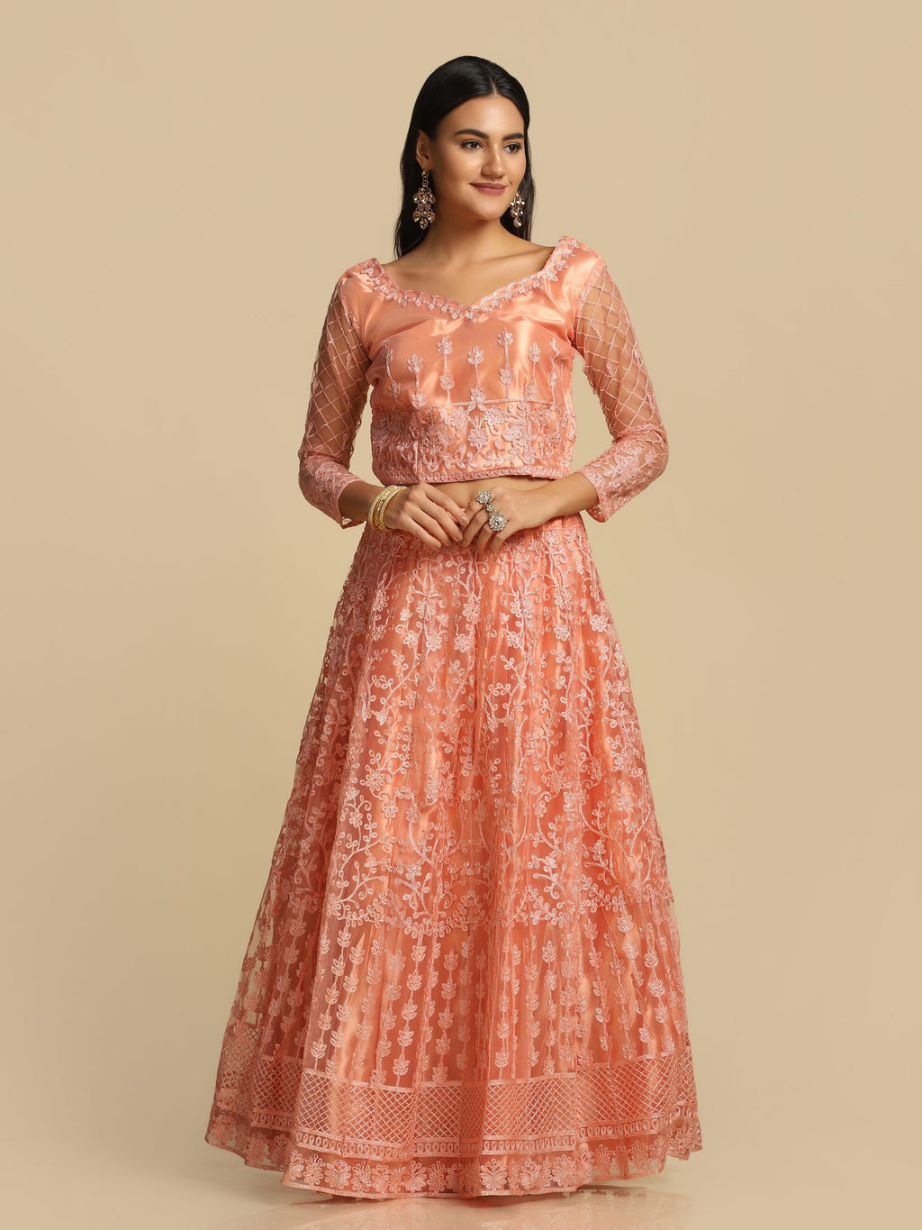 Elegant Peach Pink Festive & Wedding Wear Semi-Stitched Net Lehenga Choli with Floral Embroidery Pattern