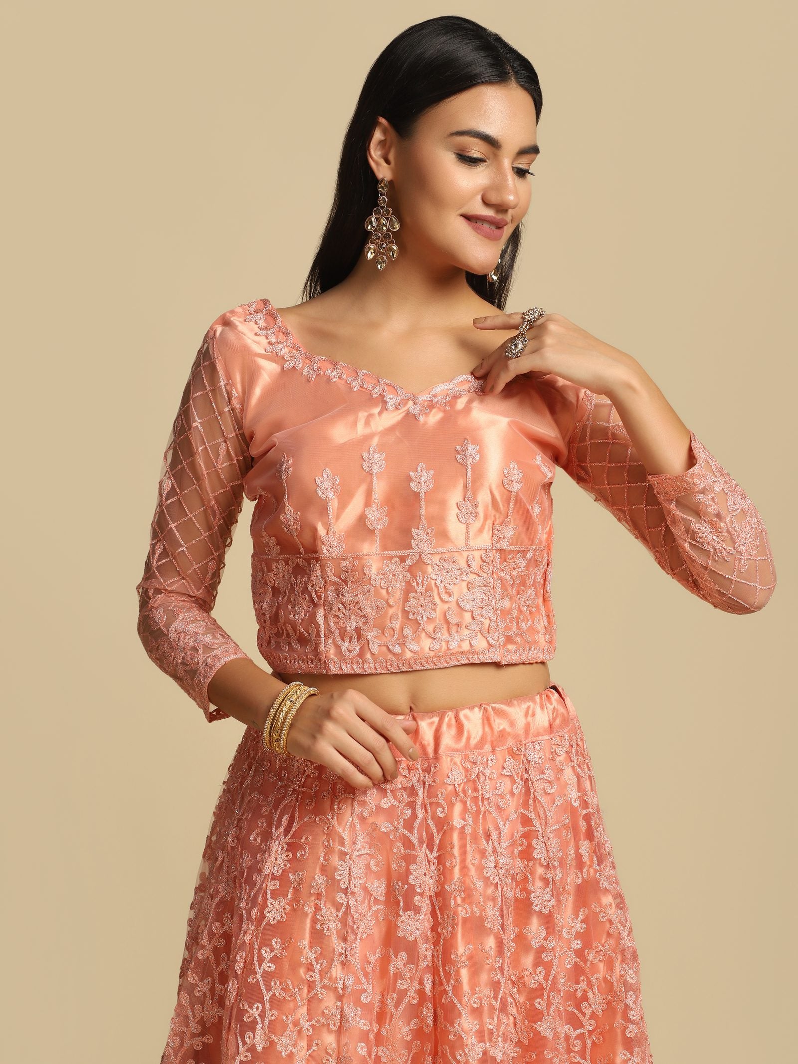 Elegant Peach Pink Festive & Wedding Wear Semi-Stitched Net Lehenga Choli with Floral Embroidery Pattern