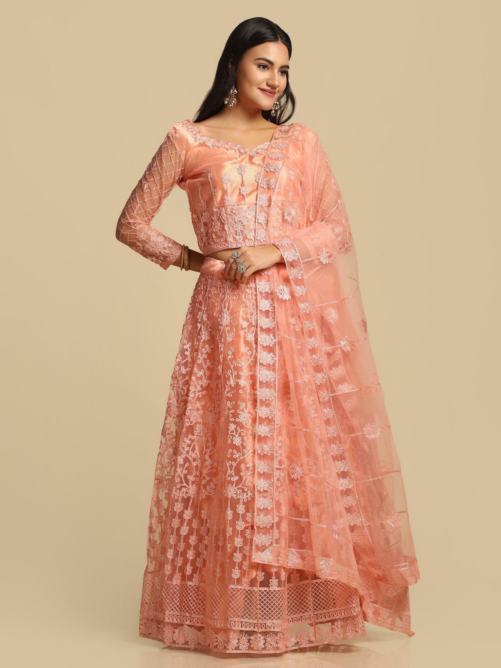 Elegant Peach Pink Festive & Wedding Wear Semi-Stitched Net Lehenga Choli with Floral Embroidery Pattern