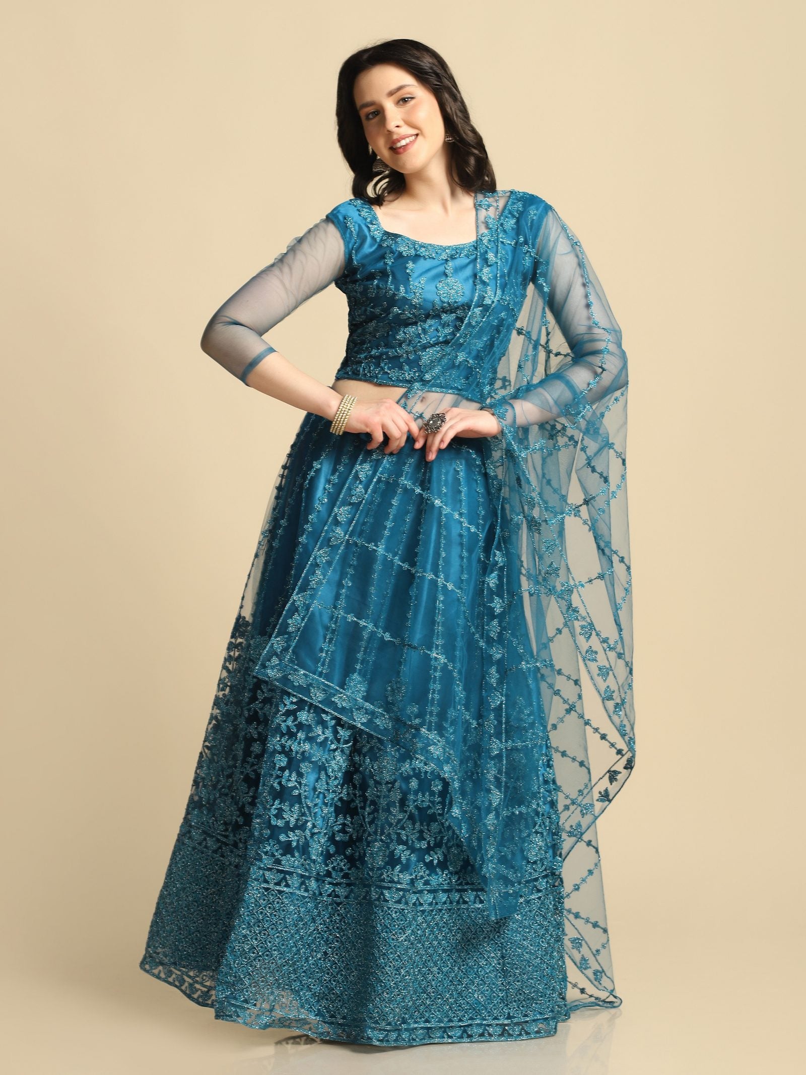 Elegant Teal Blue Embroidered Festive & Wedding Wear Semi-Stitched Net Lehenga Choli with Matching Net Dupatta