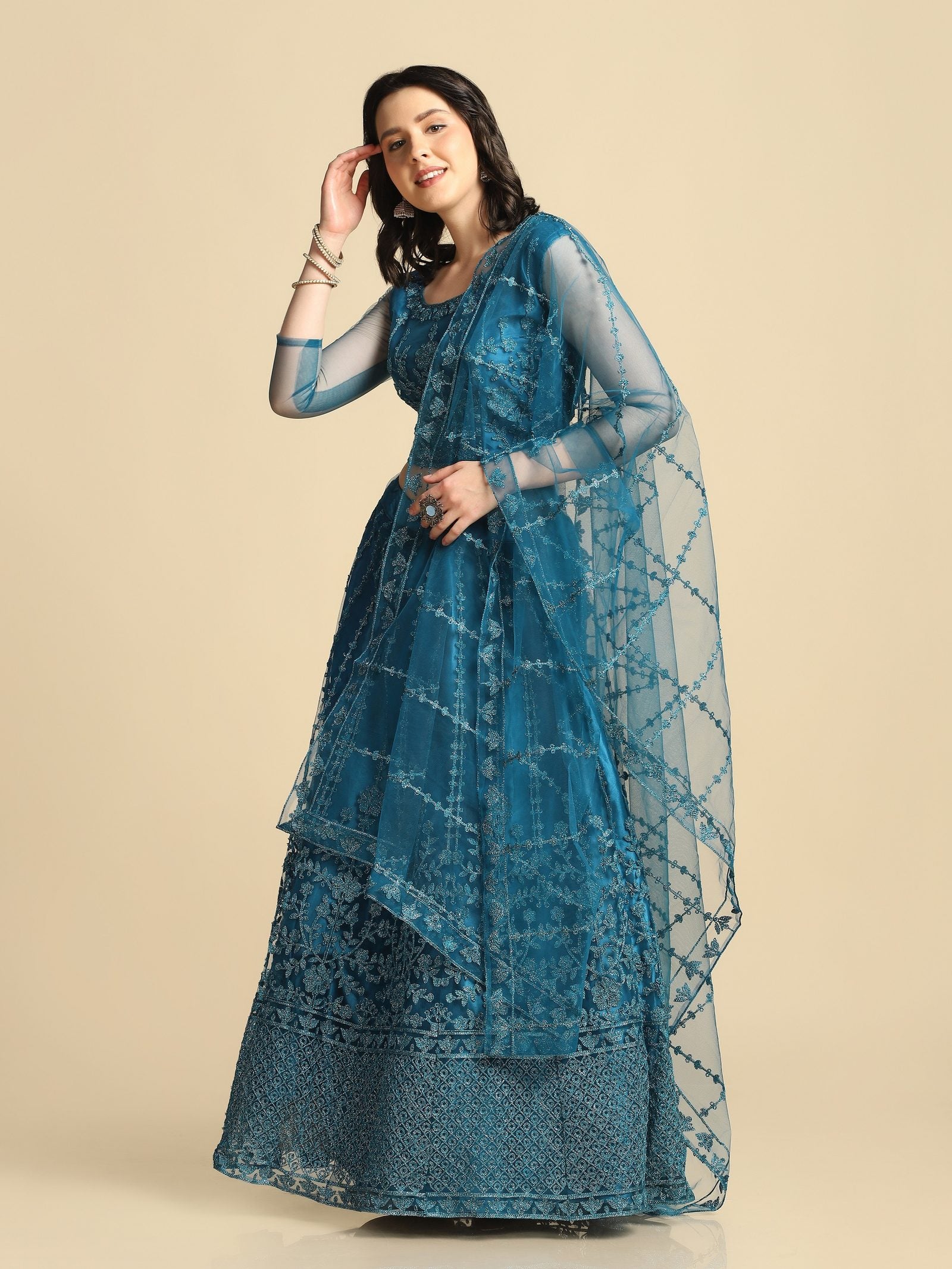 Elegant Teal Blue Embroidered Festive & Wedding Wear Semi-Stitched Net Lehenga Choli with Matching Net Dupatta