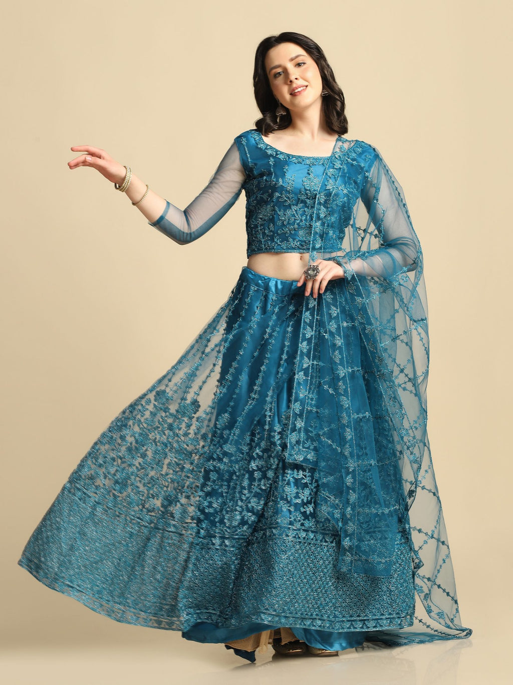 Elegant Teal Blue Embroidered Festive & Wedding Wear Semi-Stitched Net Lehenga Choli with Matching Net Dupatta