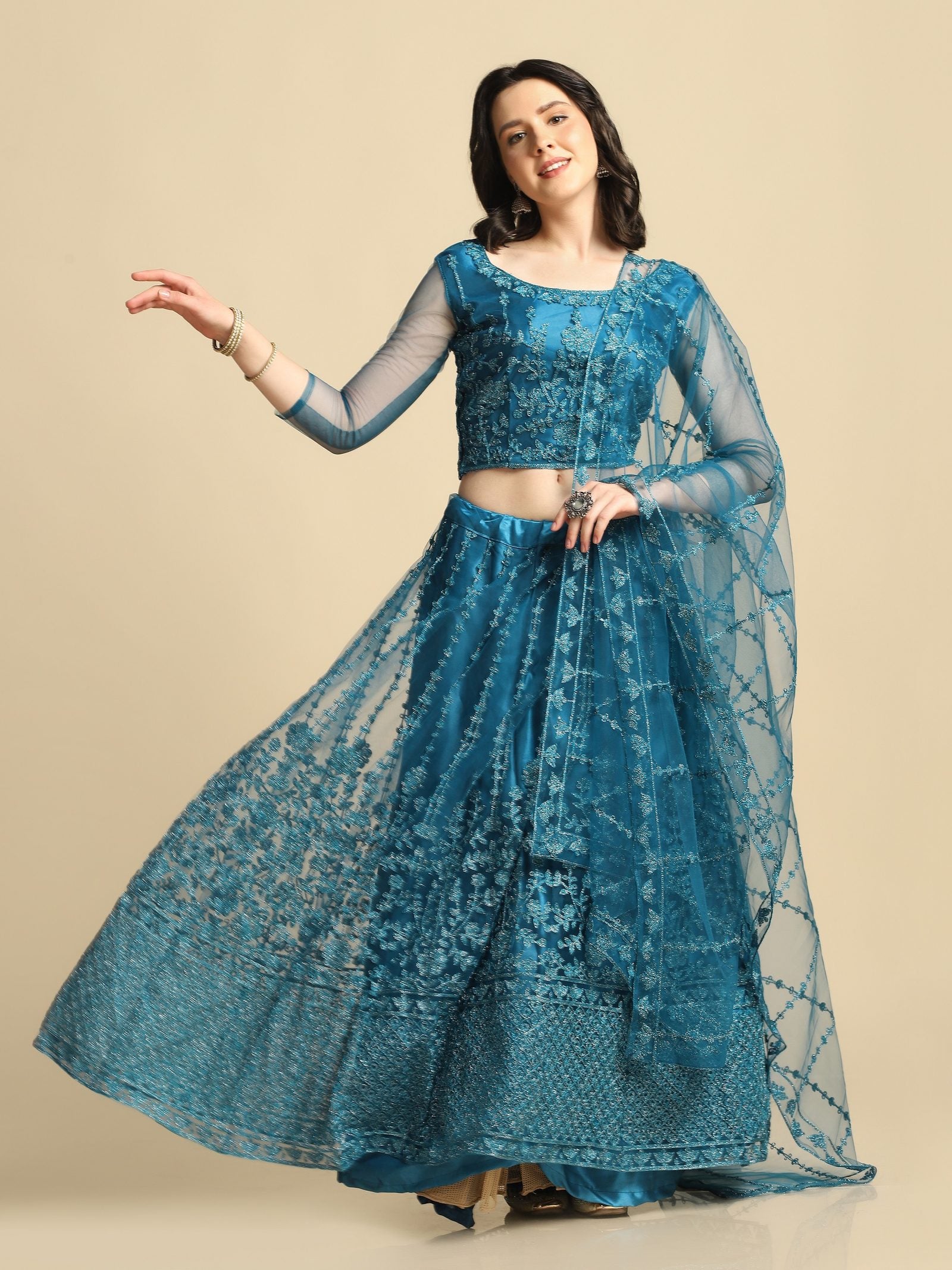 Elegant Teal Blue Embroidered Festive & Wedding Wear Semi-Stitched Net Lehenga Choli with Matching Net Dupatta