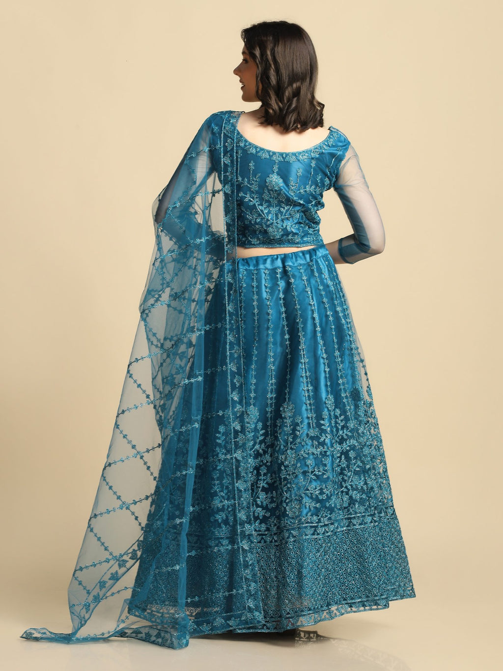 Elegant Teal Blue Embroidered Festive & Wedding Wear Semi-Stitched Net Lehenga Choli with Matching Net Dupatta