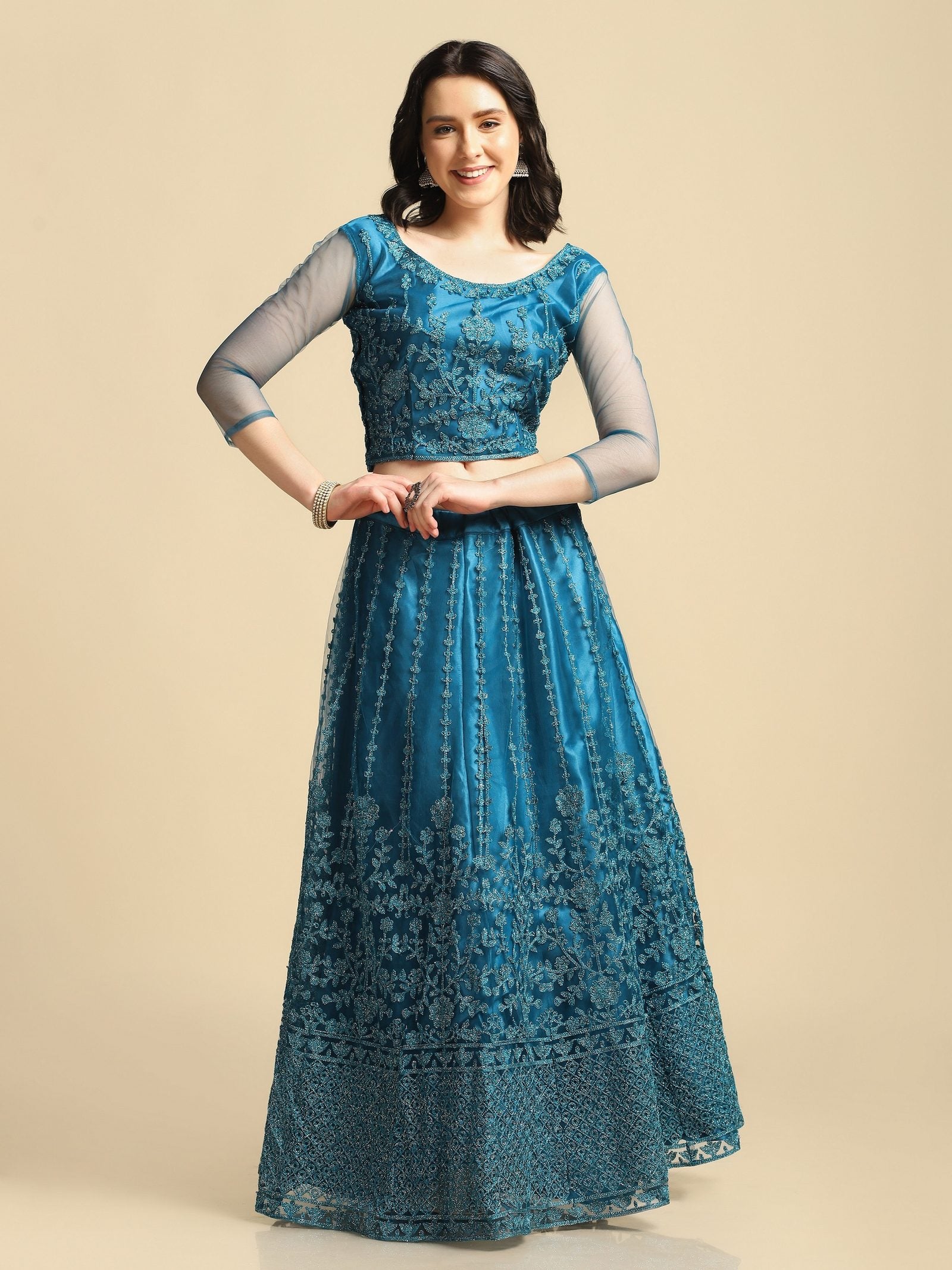 Elegant Teal Blue Embroidered Festive & Wedding Wear Semi-Stitched Net Lehenga Choli with Matching Net Dupatta