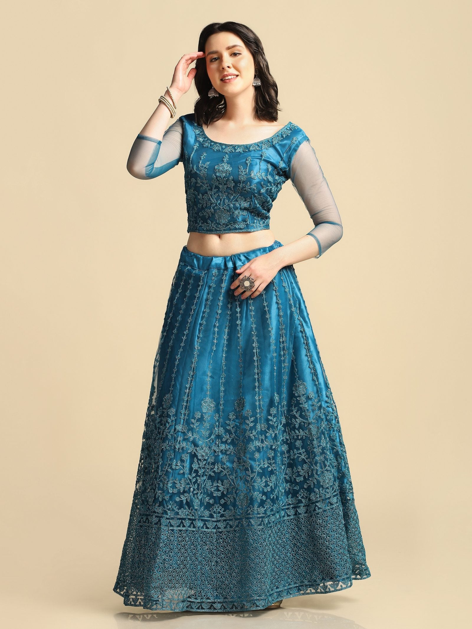 Elegant Teal Blue Embroidered Festive & Wedding Wear Semi-Stitched Net Lehenga Choli with Matching Net Dupatta