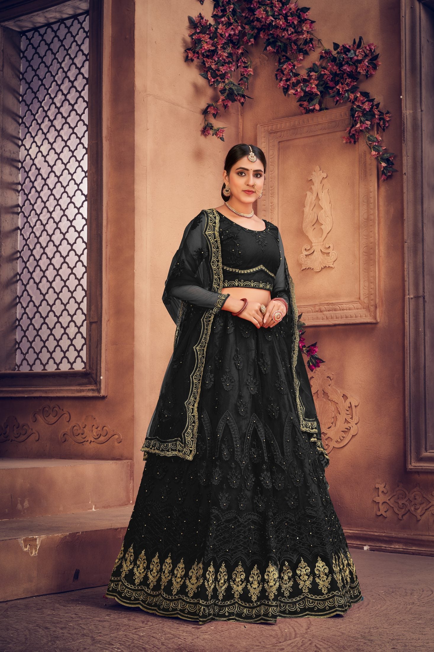 Black Embroidered Bridal & Wedding Wear Semi-Stitched Net Lehenga Choli with Heavy Dupatta Work