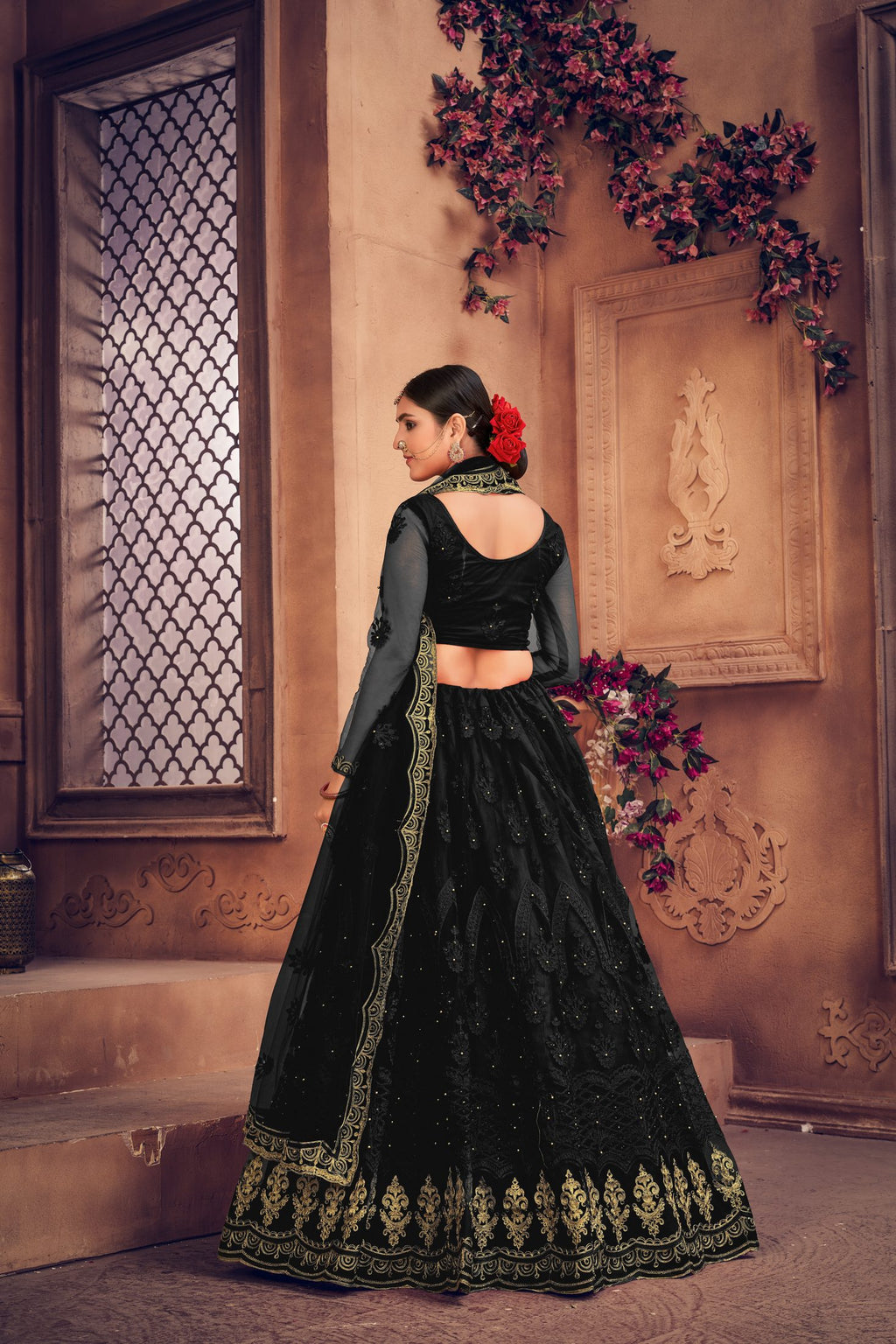 Black Embroidered Bridal & Wedding Wear Semi-Stitched Net Lehenga Choli with Heavy Dupatta Work