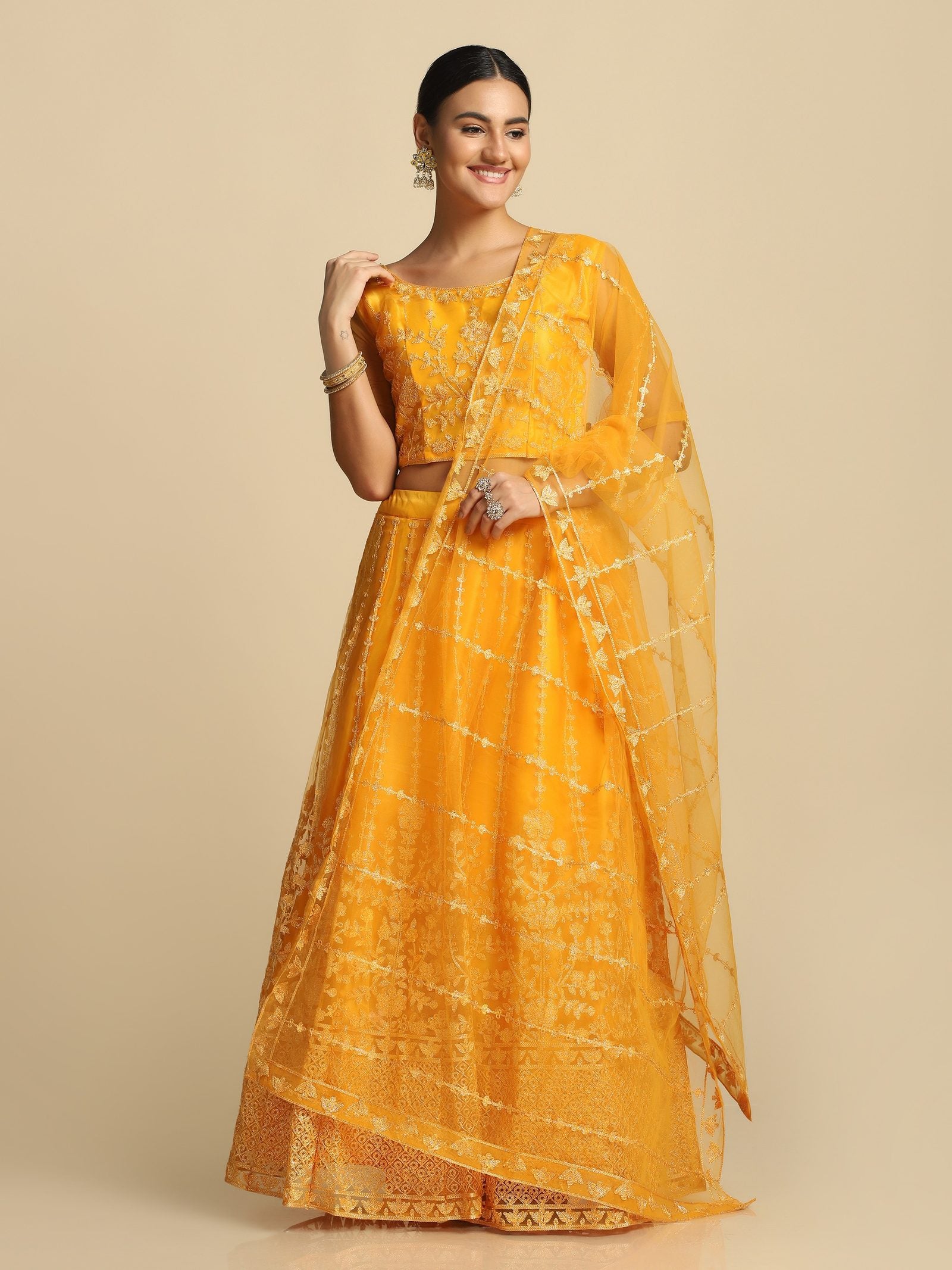 Elegant Peach Pink Festive & Wedding Wear Semi-Stitched Net & Silk Blend Lehenga Choli with Floral Embroidery Work