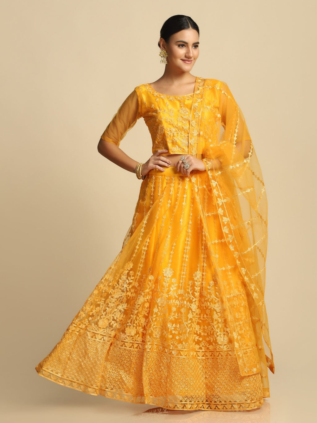 Elegant Peach Pink Festive & Wedding Wear Semi-Stitched Net & Silk Blend Lehenga Choli with Floral Embroidery Work