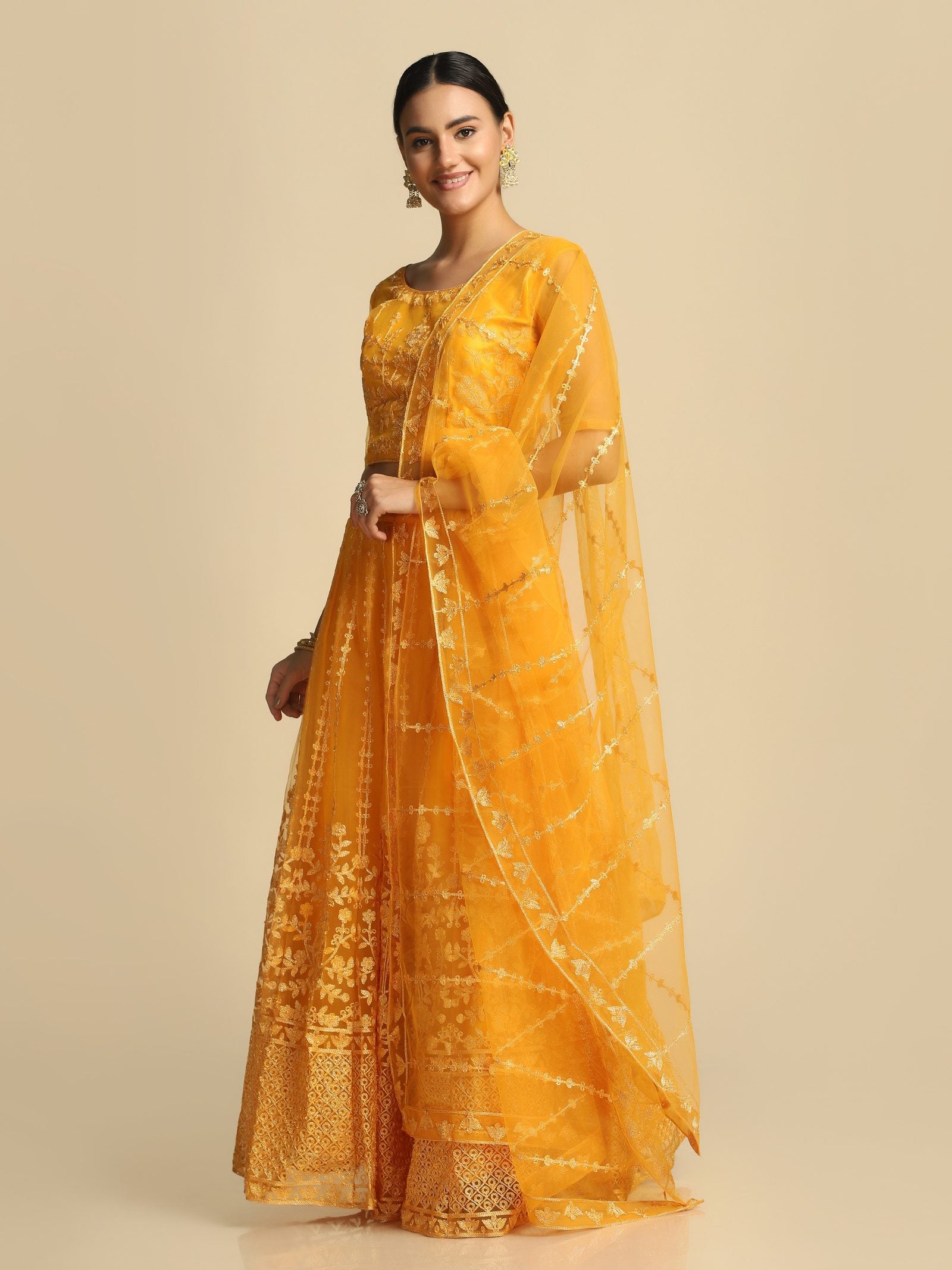 Elegant Peach Pink Festive & Wedding Wear Semi-Stitched Net & Silk Blend Lehenga Choli with Floral Embroidery Work