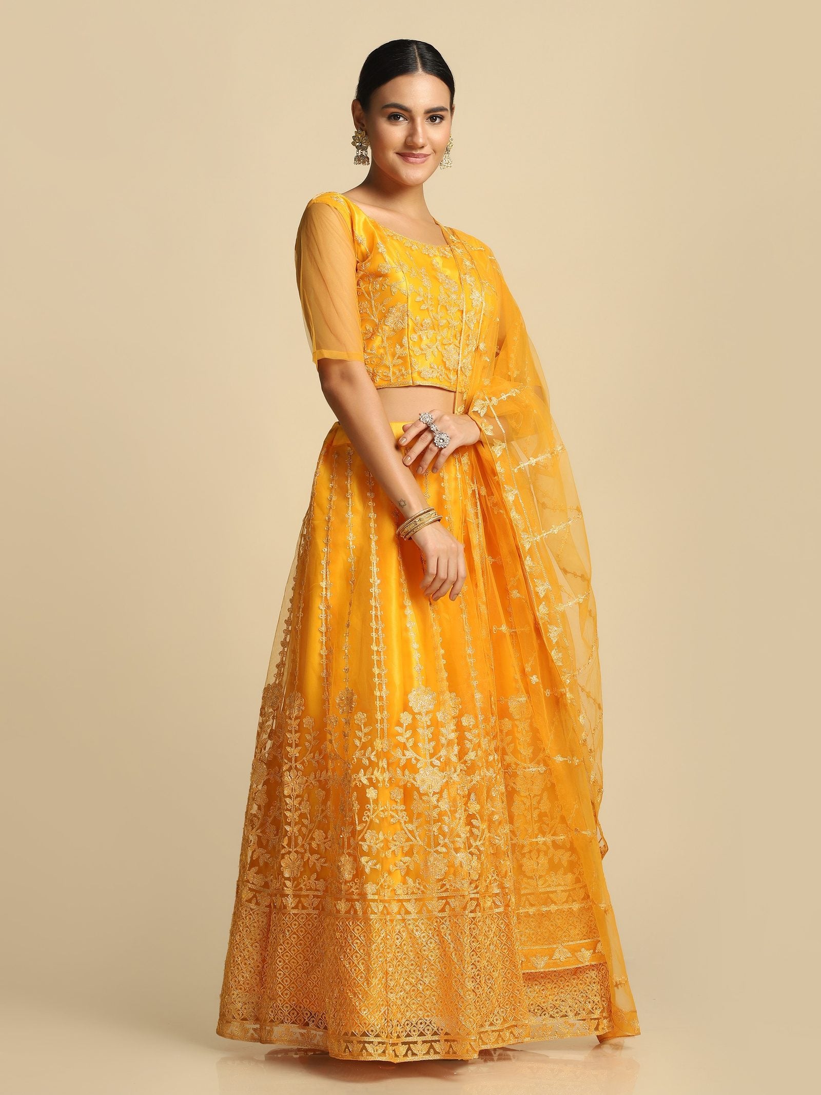 Elegant Peach Pink Festive & Wedding Wear Semi-Stitched Net & Silk Blend Lehenga Choli with Floral Embroidery Work