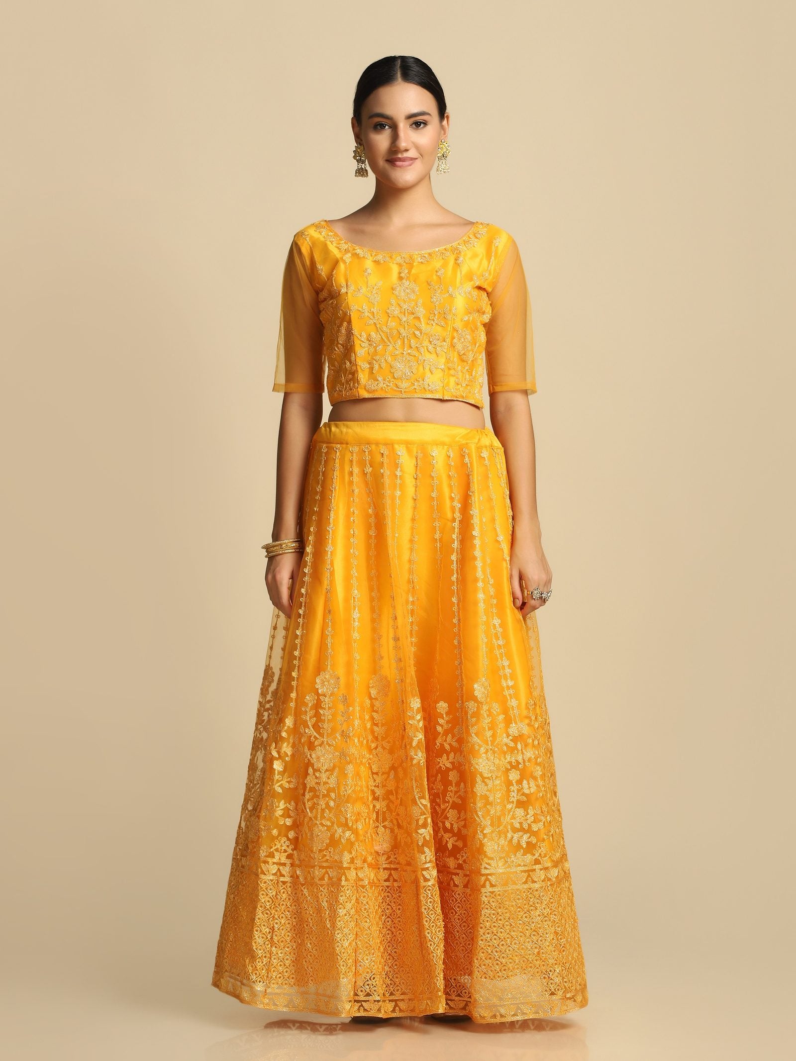 Elegant Peach Pink Festive & Wedding Wear Semi-Stitched Net & Silk Blend Lehenga Choli with Floral Embroidery Work