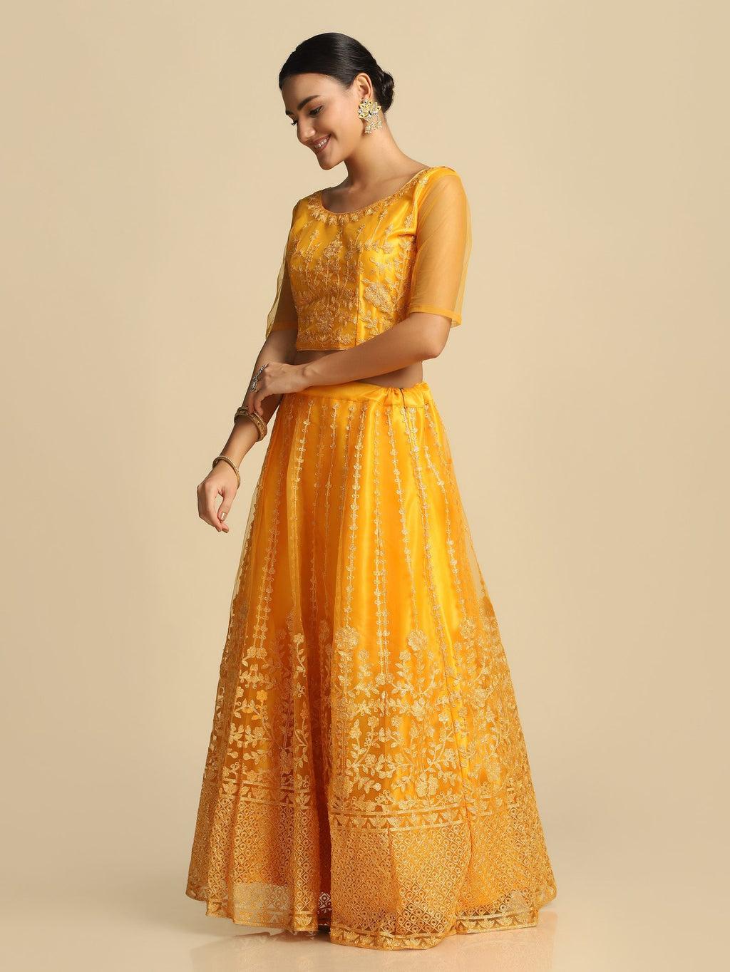 Elegant Peach Pink Festive & Wedding Wear Semi-Stitched Net & Silk Blend Lehenga Choli with Floral Embroidery Work