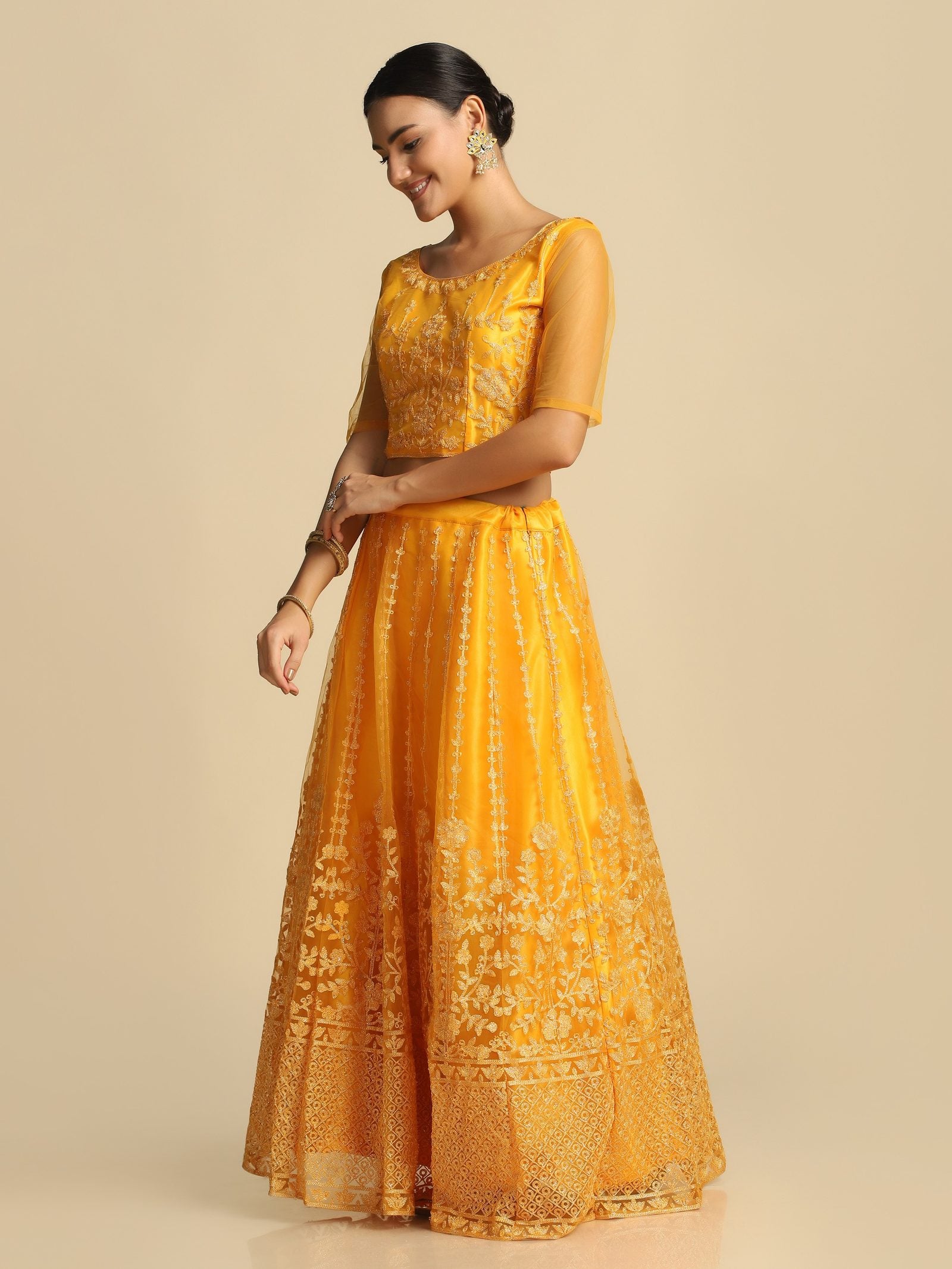 Elegant Peach Pink Festive & Wedding Wear Semi-Stitched Net & Silk Blend Lehenga Choli with Floral Embroidery Work
