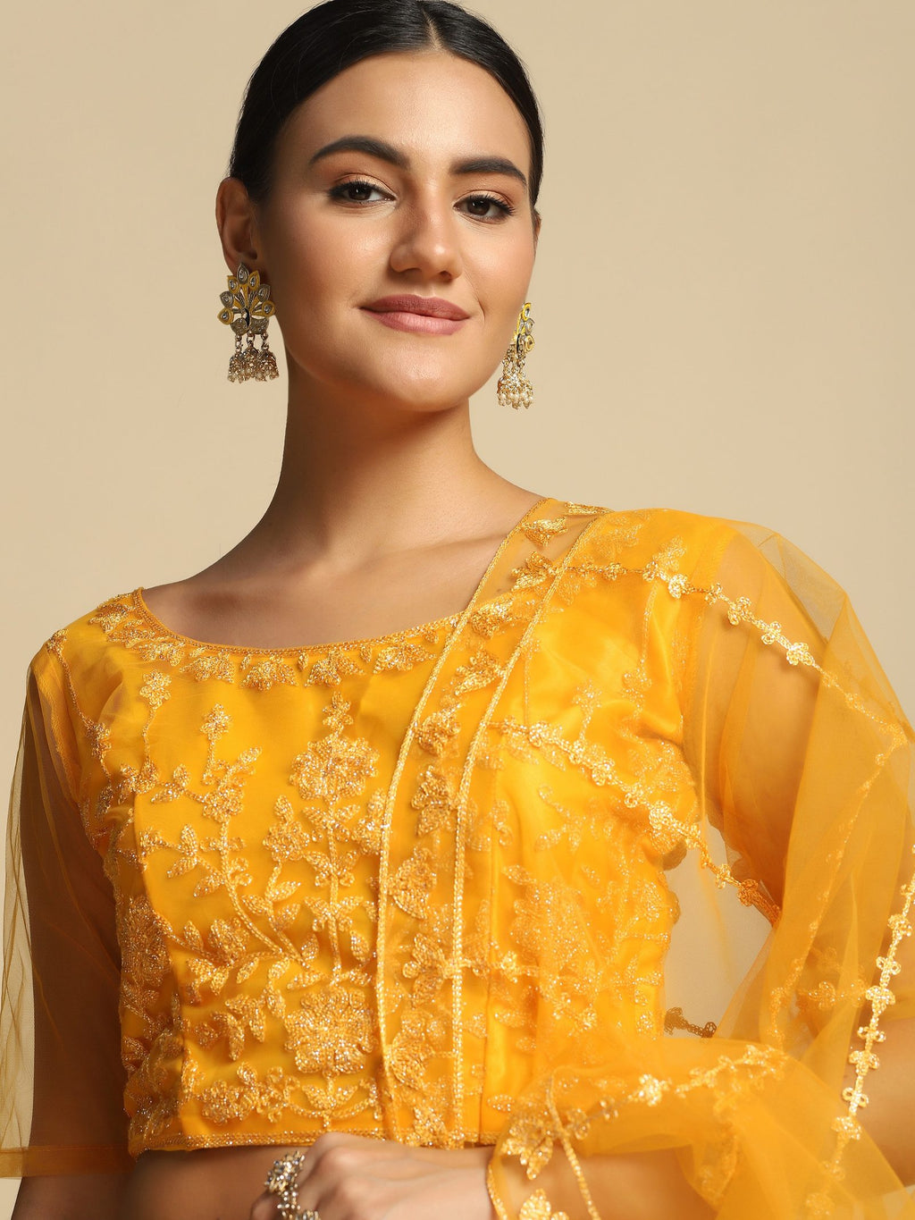 Elegant Peach Pink Festive & Wedding Wear Semi-Stitched Net & Silk Blend Lehenga Choli with Floral Embroidery Work