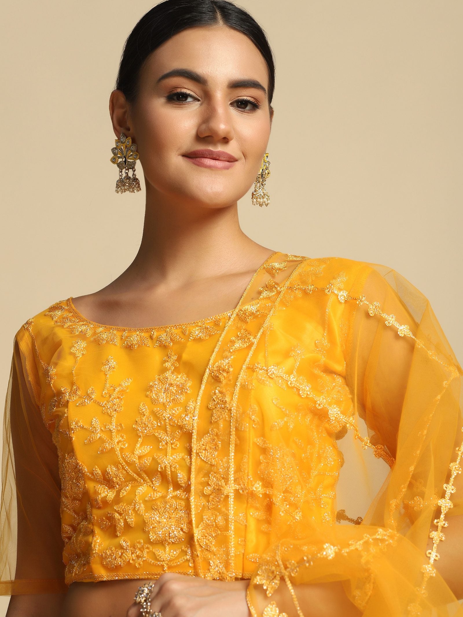 Elegant Peach Pink Festive & Wedding Wear Semi-Stitched Net & Silk Blend Lehenga Choli with Floral Embroidery Work